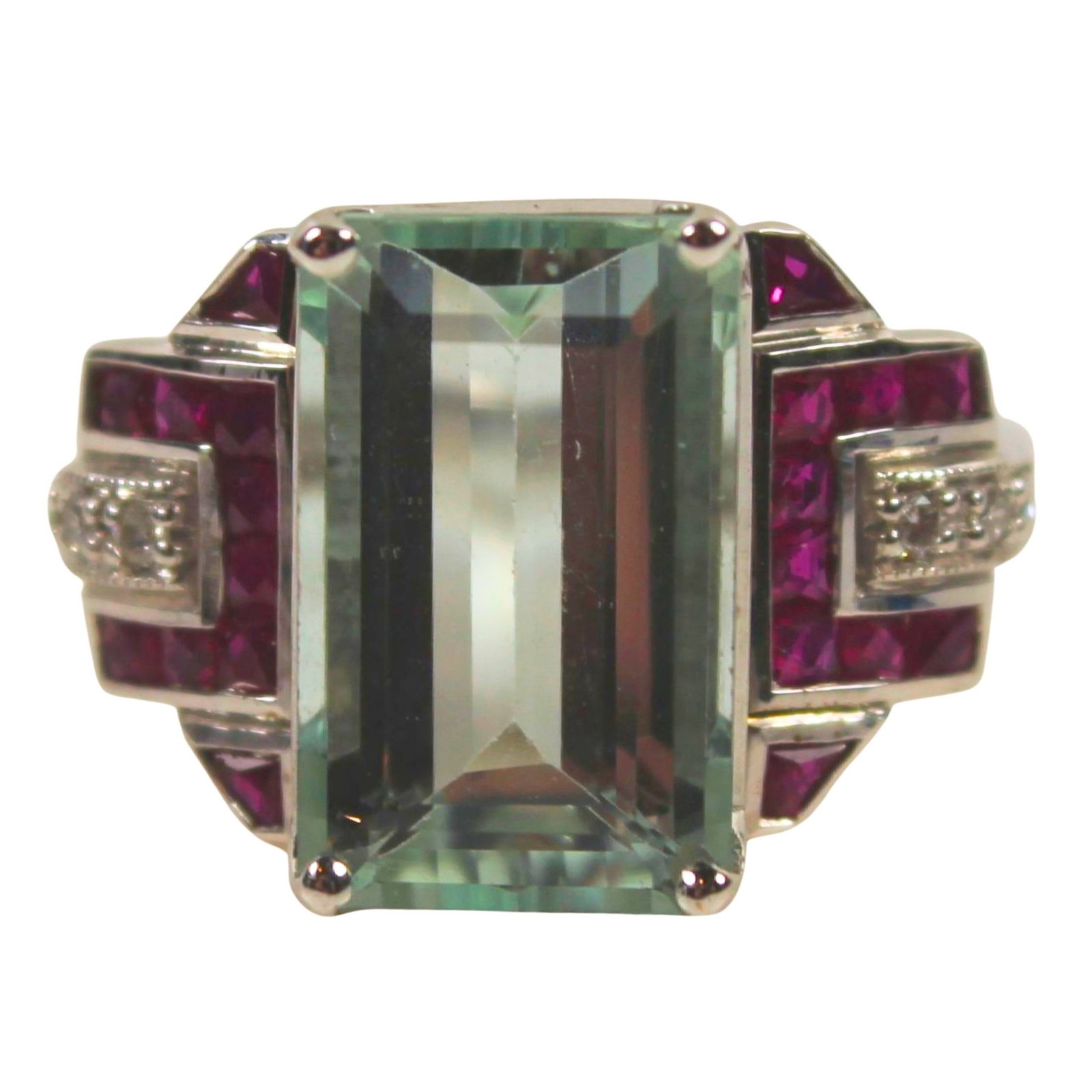 Deco-style Aquamarine Ruby & Diamond Ring in 9ct White Gold: Nicely balanced Size Size: N Total Weight 4.9 grams Medium Rings