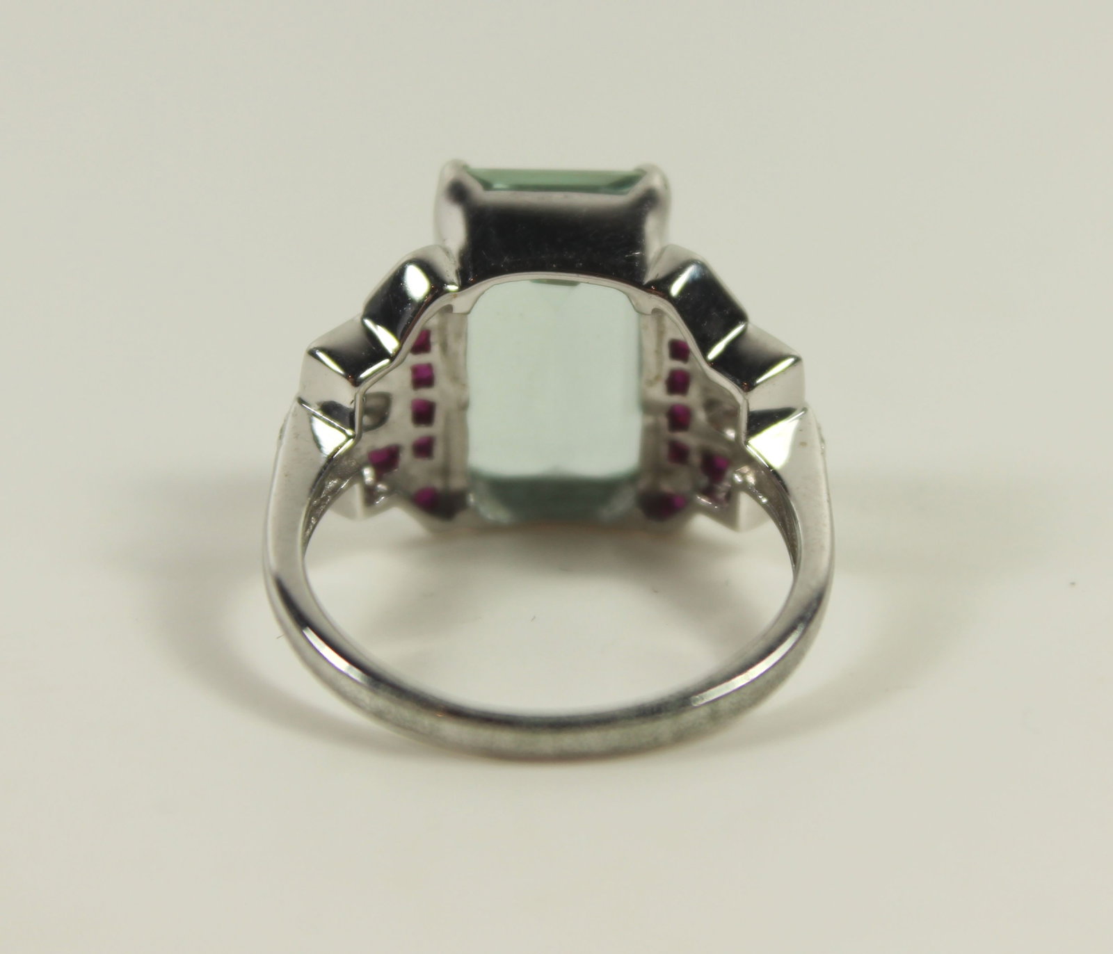 Deco-style Aquamarine Ruby & Diamond Ring in 9ct White Gold - 2