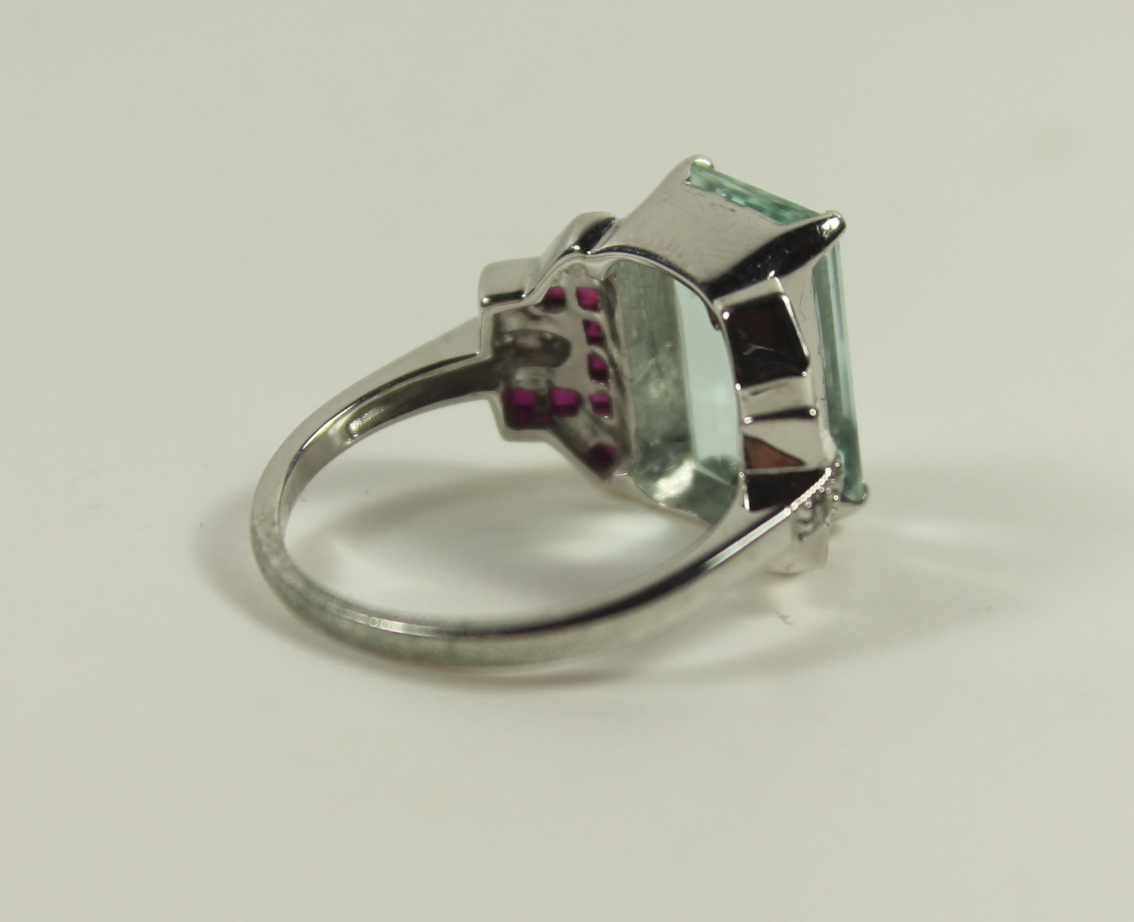 Deco-style Aquamarine Ruby & Diamond Ring in 9ct White Gold - 3