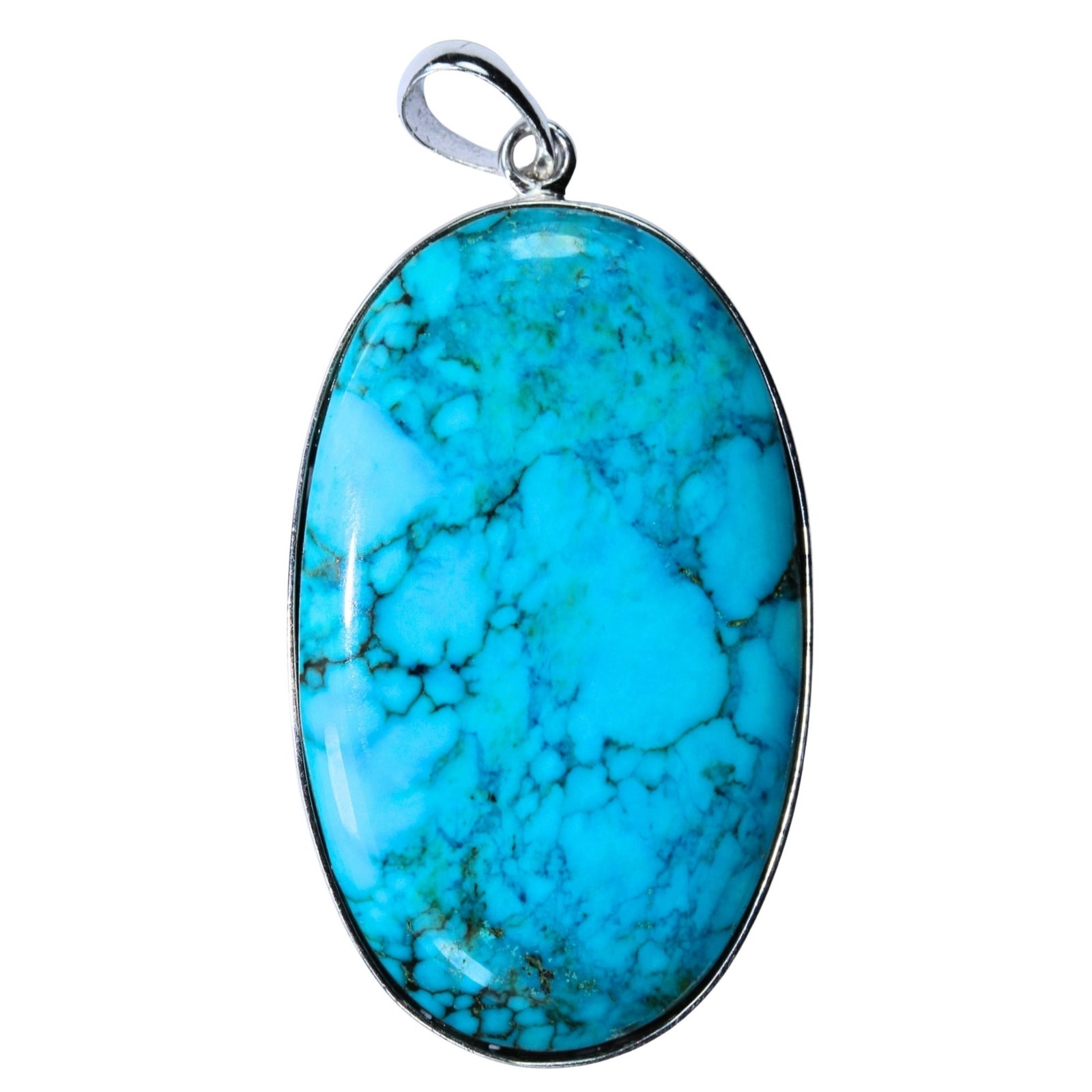Oval Turquoise & Sterling (925) Silver Pendant: Stylish pierced mount Size Dimensions : 4 x 2.5cms 3.5 x 3cm Medium Necklaces & Pendants