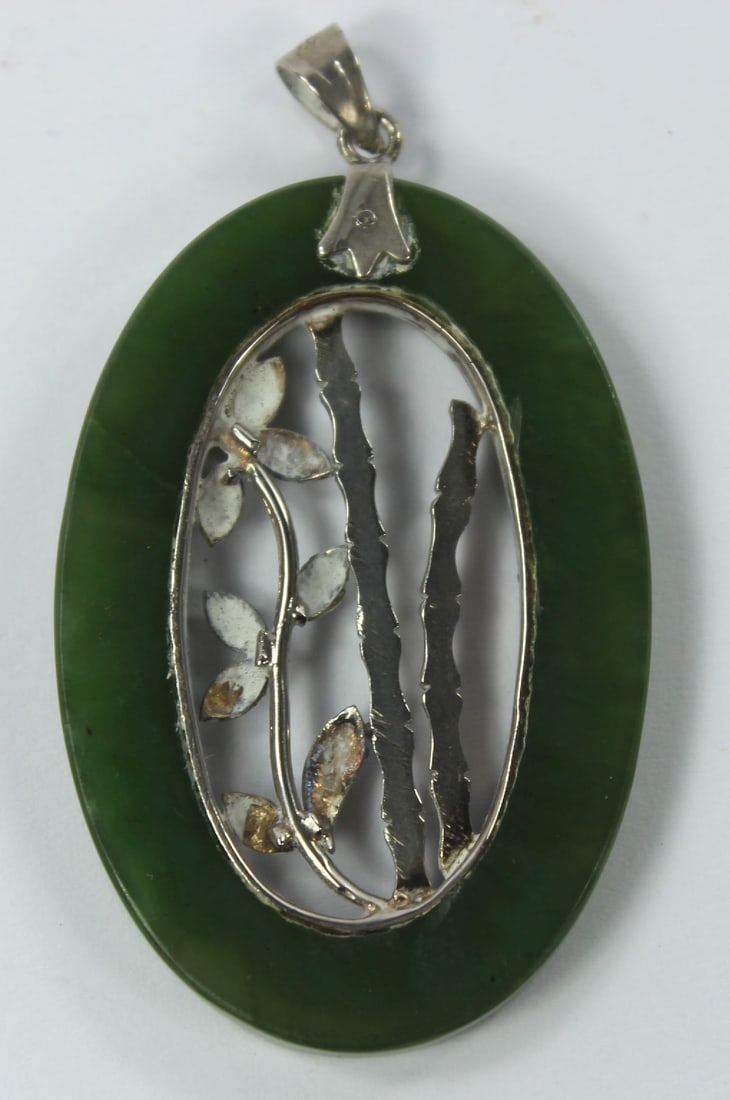 Oval Nephrite Jade Pendant with Silver-plate Mount - 2