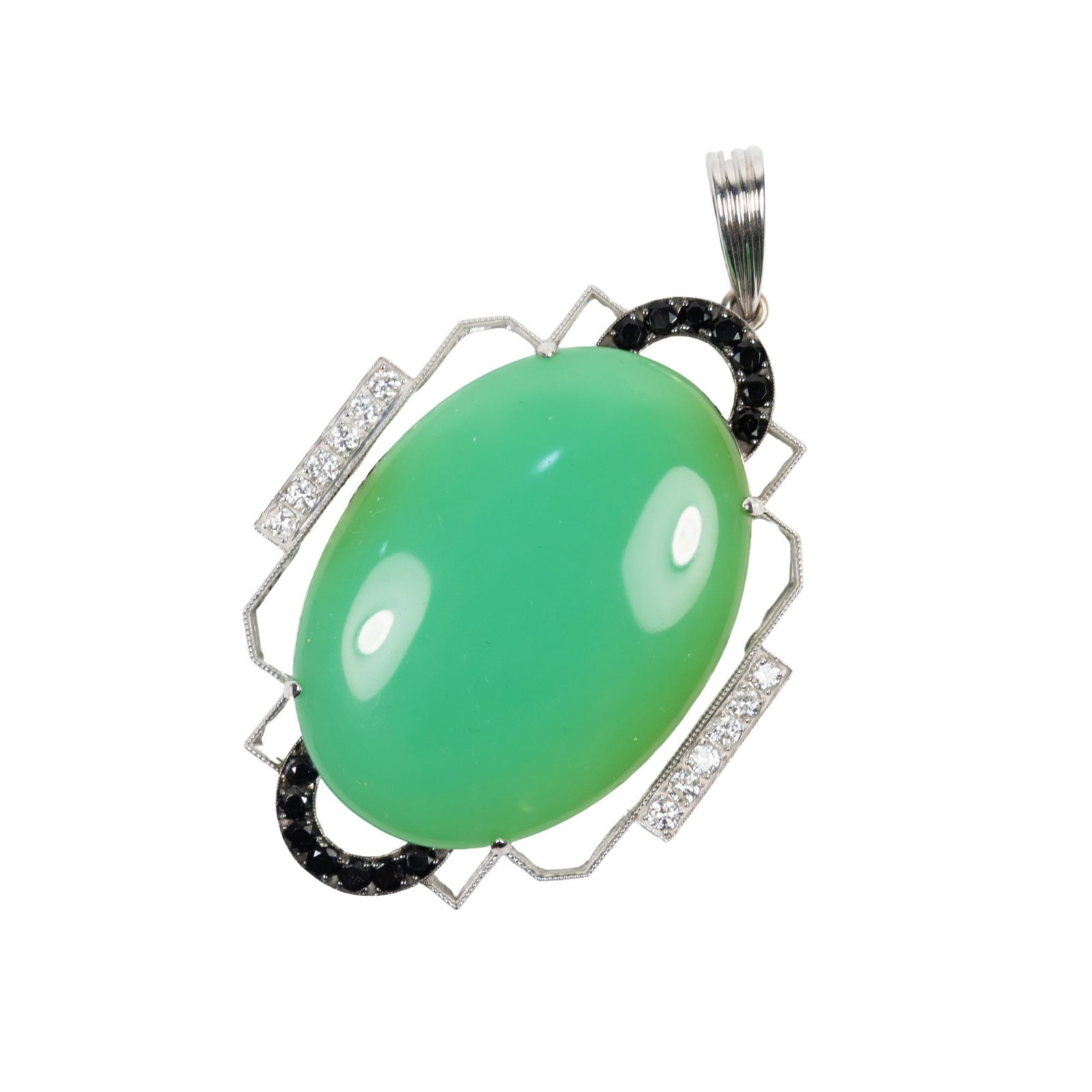 Striking Chrysoprase Pendant in 9ct White Gold accented by 2 carats of Diamonds: . Size Total Weight 36.51grams : Hangs 7.8cm : Length 4.8cm Medium Necklaces & Pendants