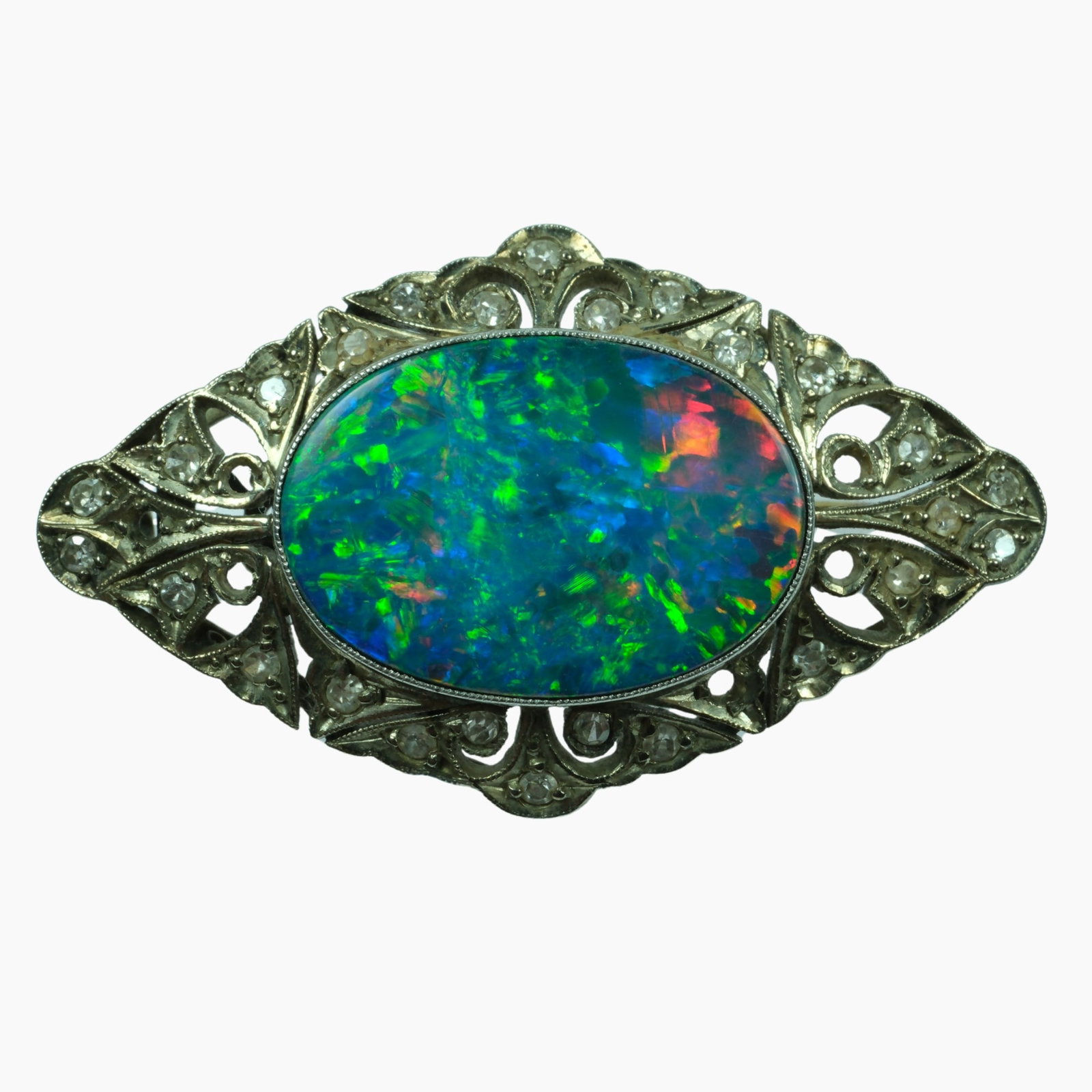Antique Black Opal Brooch in 15ct White Gold setting with small Old-cut Diamonds (1 of 3)