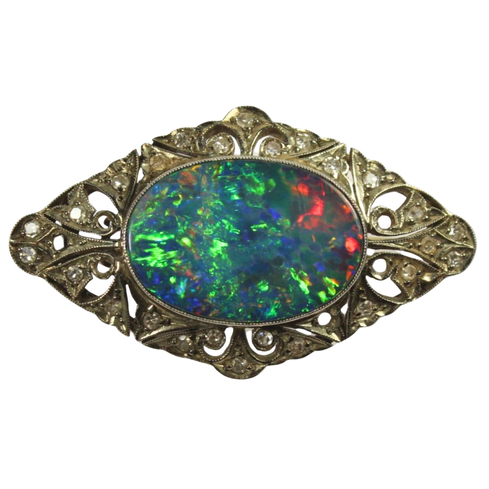 Antique Black Opal Brooch in 15ct White Gold setting with small Old-cut Diamonds - 2