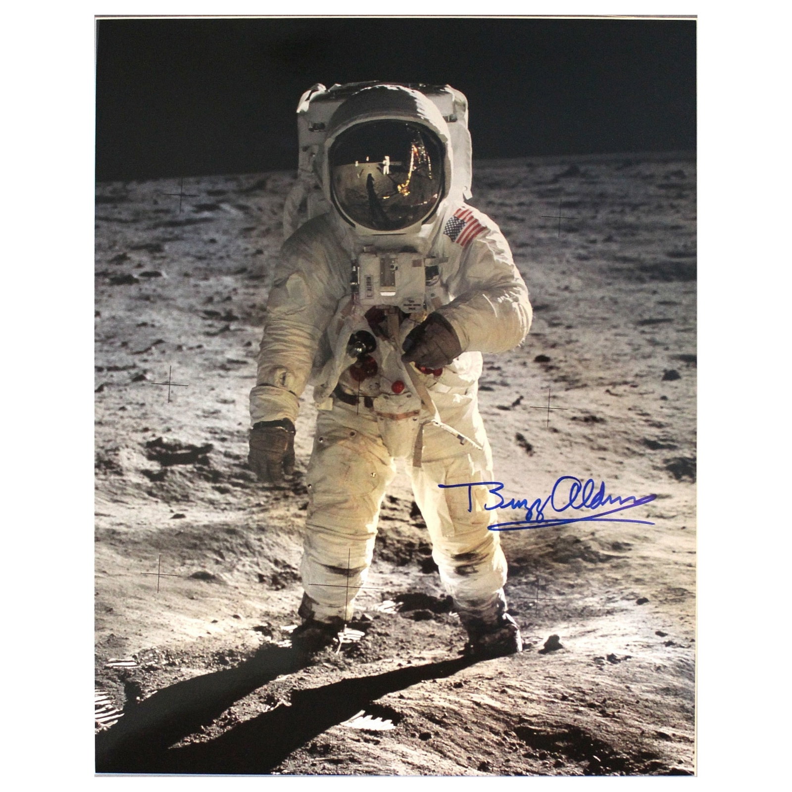 Buzz Aldrin signed lunar photograph, “Standing on the Moon” Armstrong reflected in visor: The famous 'Visor Shot.' This image is a large format copy of a photograph from Aldrin's personal collection Size Frame measures 69x58.5cms Medium Autographs Provenance Produced by Nasa/Aerographics