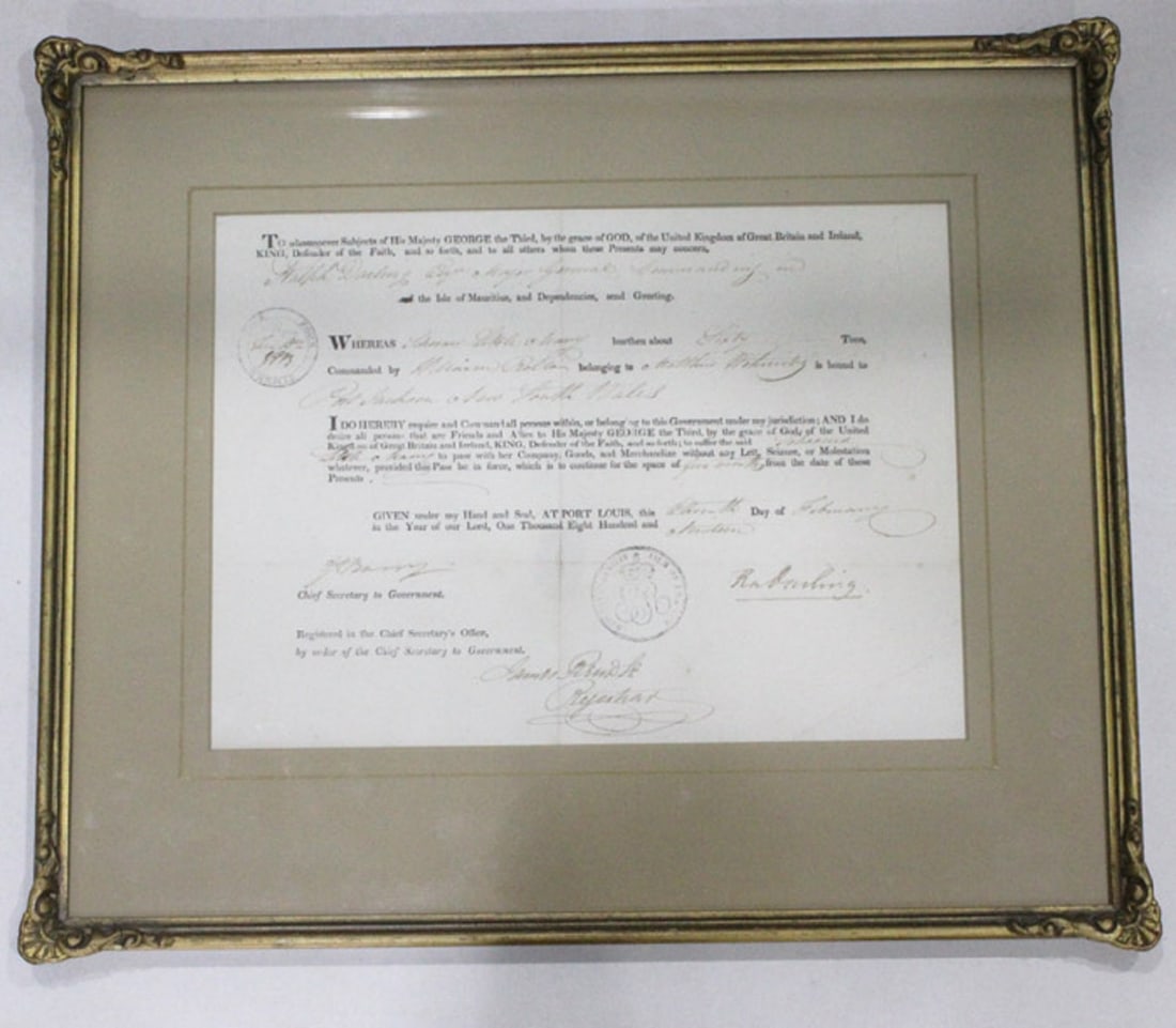 Australia / Mauritius. Maritime 'Right of Passage' signed by Ralph Darling, 11th February, 1818 - 2