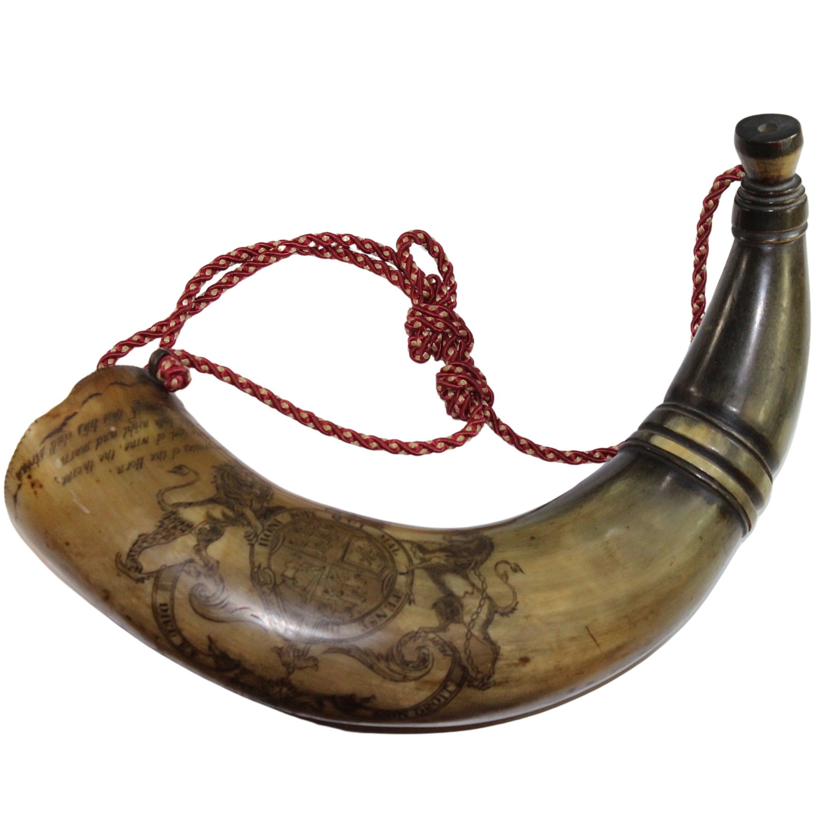 Exquisite 19th Century Scrimshaw Horn with the British Coat of Arms & an Ode to Bacchus the God Wine (1 of 3)