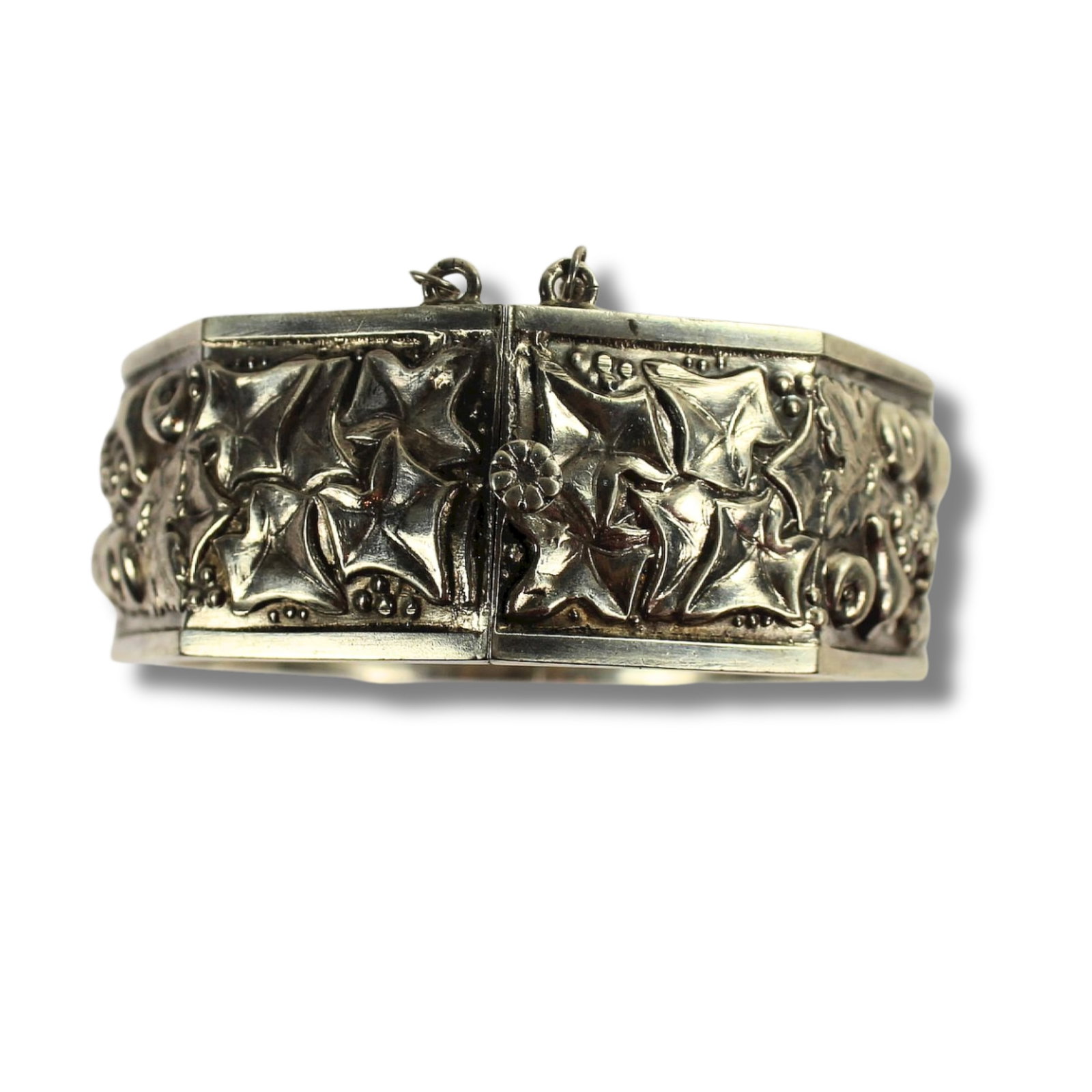 Vintage Floral Design Sterling (925) Silver Hinged Bracelet with Safety Chain: Marked 'Rosar de Portugal' Size Weight 47gms Diameter 6cms Medium Bracelets Exhibited General