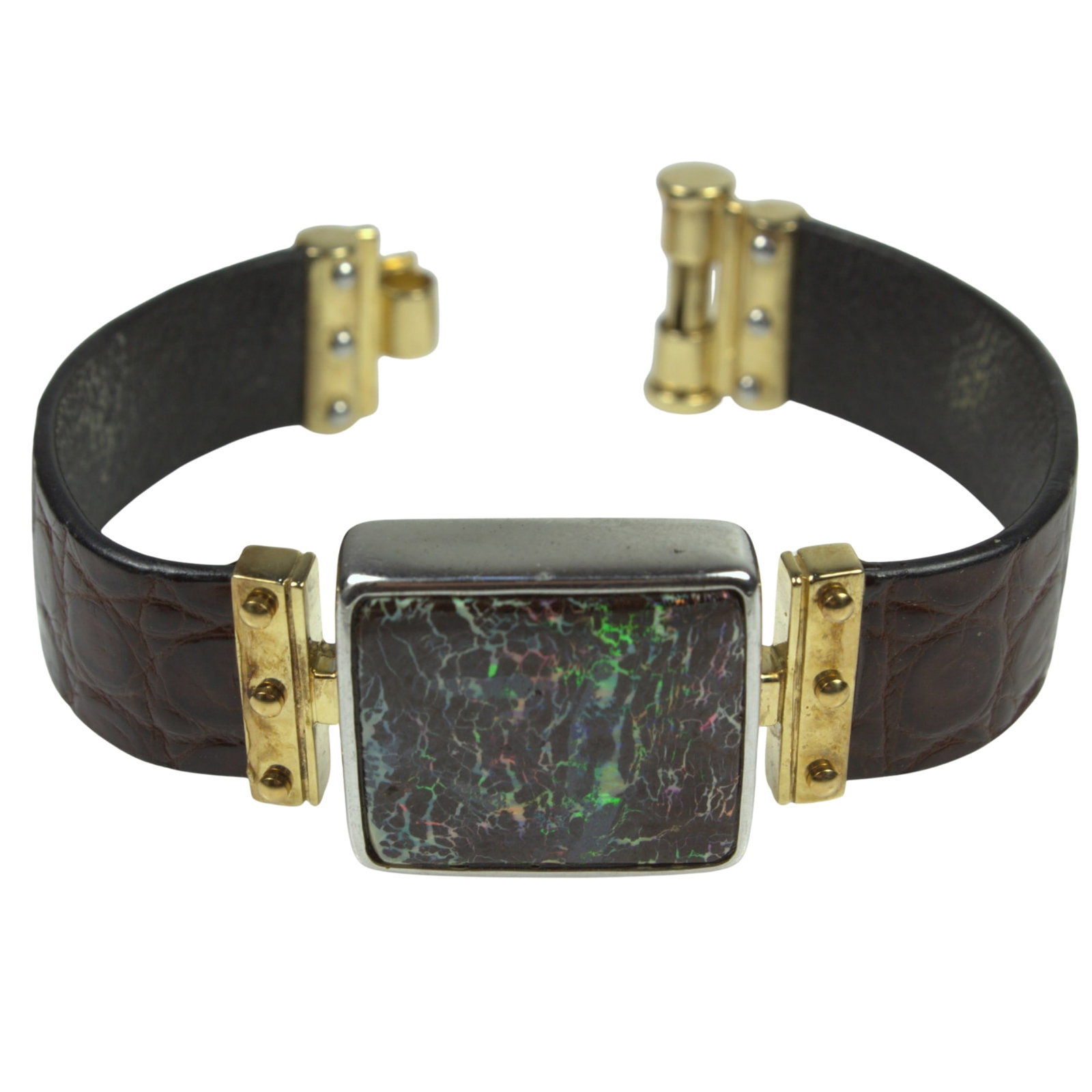 Saltwater Crocodile Band with 14ct Yellow Fixtures attached to a Silver mounted Rock Opal Panel (1 of 5)