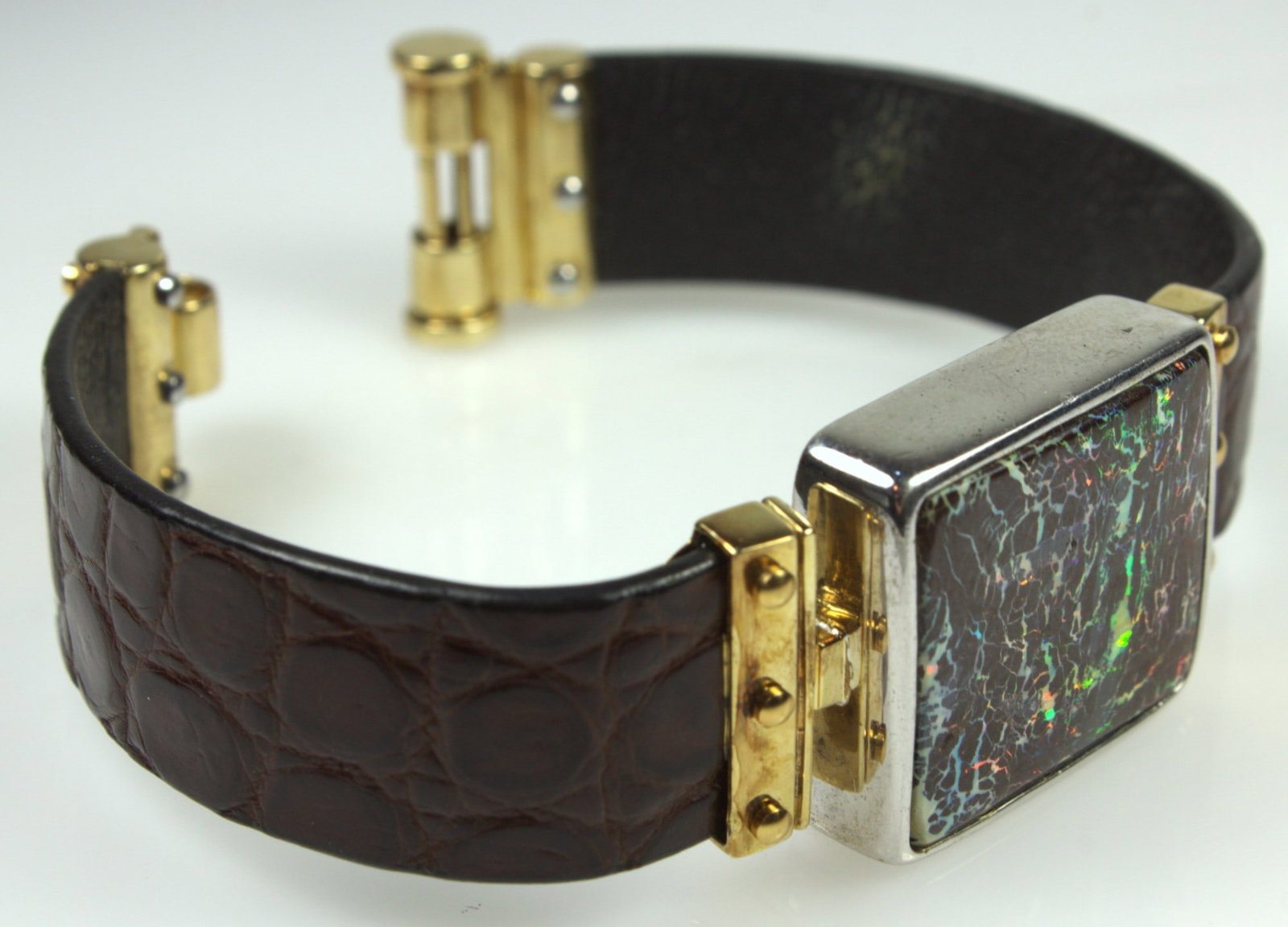 Saltwater Crocodile Band with 14ct Yellow Fixtures attached to a Silver mounted Rock Opal Panel - 2