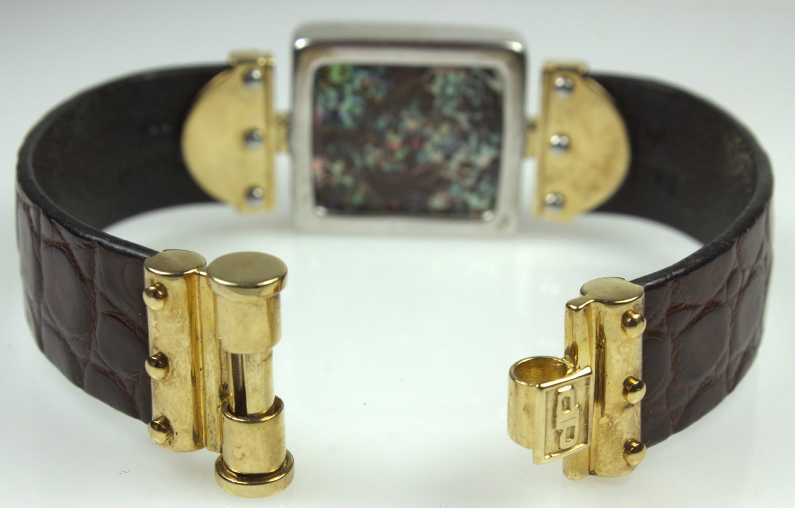 Saltwater Crocodile Band with 14ct Yellow Fixtures attached to a Silver mounted Rock Opal Panel - 3