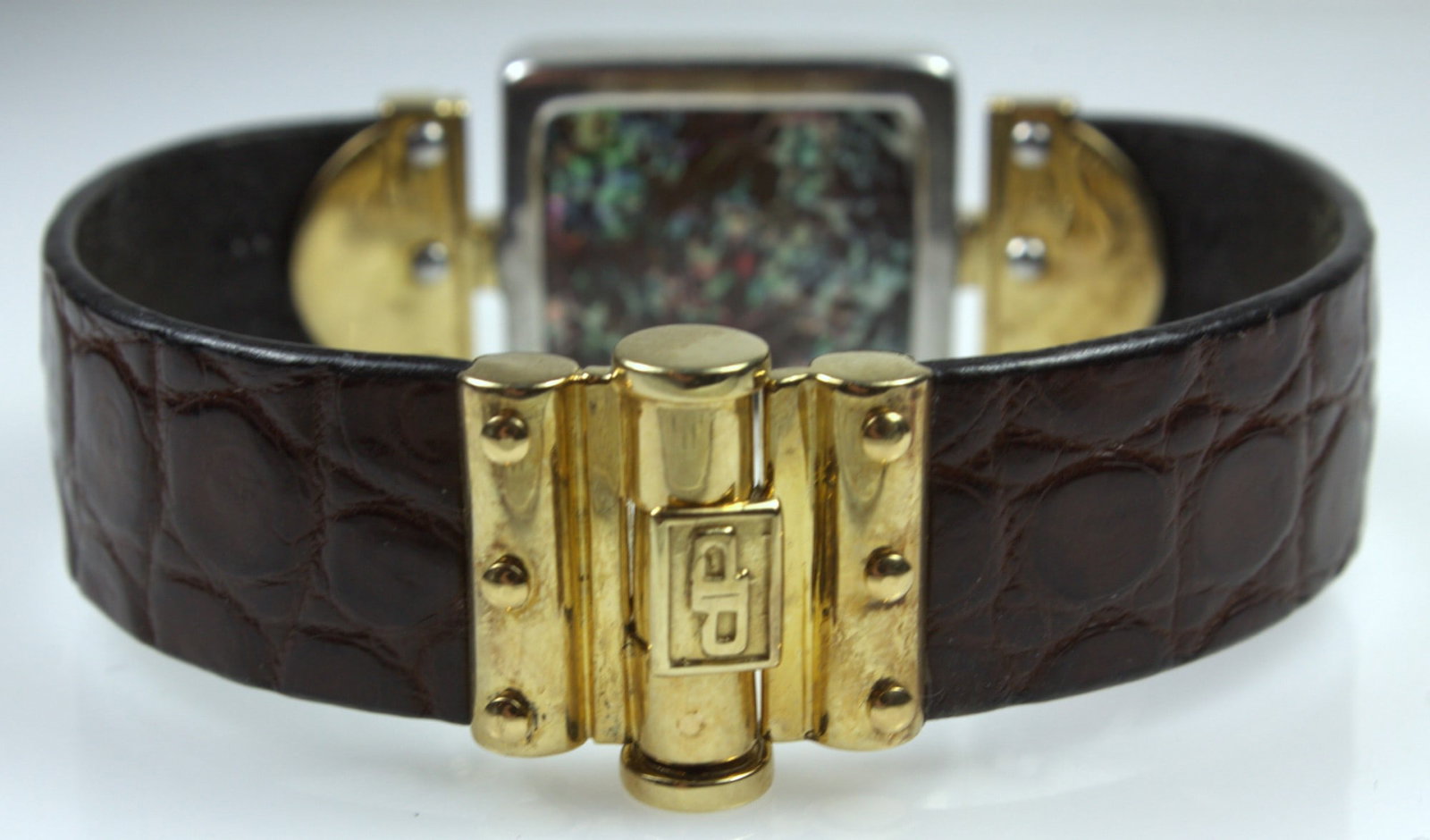 Saltwater Crocodile Band with 14ct Yellow Fixtures attached to a Silver mounted Rock Opal Panel - 4