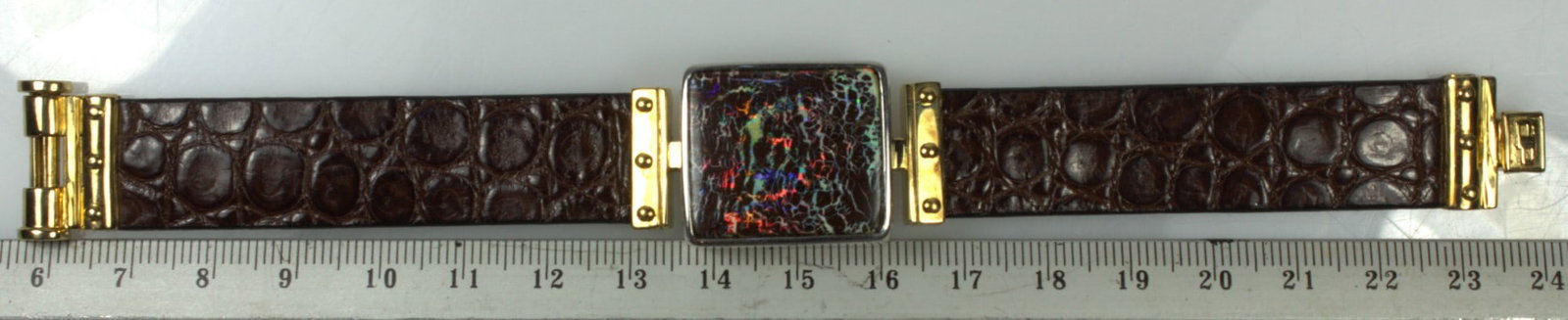 Saltwater Crocodile Band with 14ct Yellow Fixtures attached to a Silver mounted Rock Opal Panel - 5