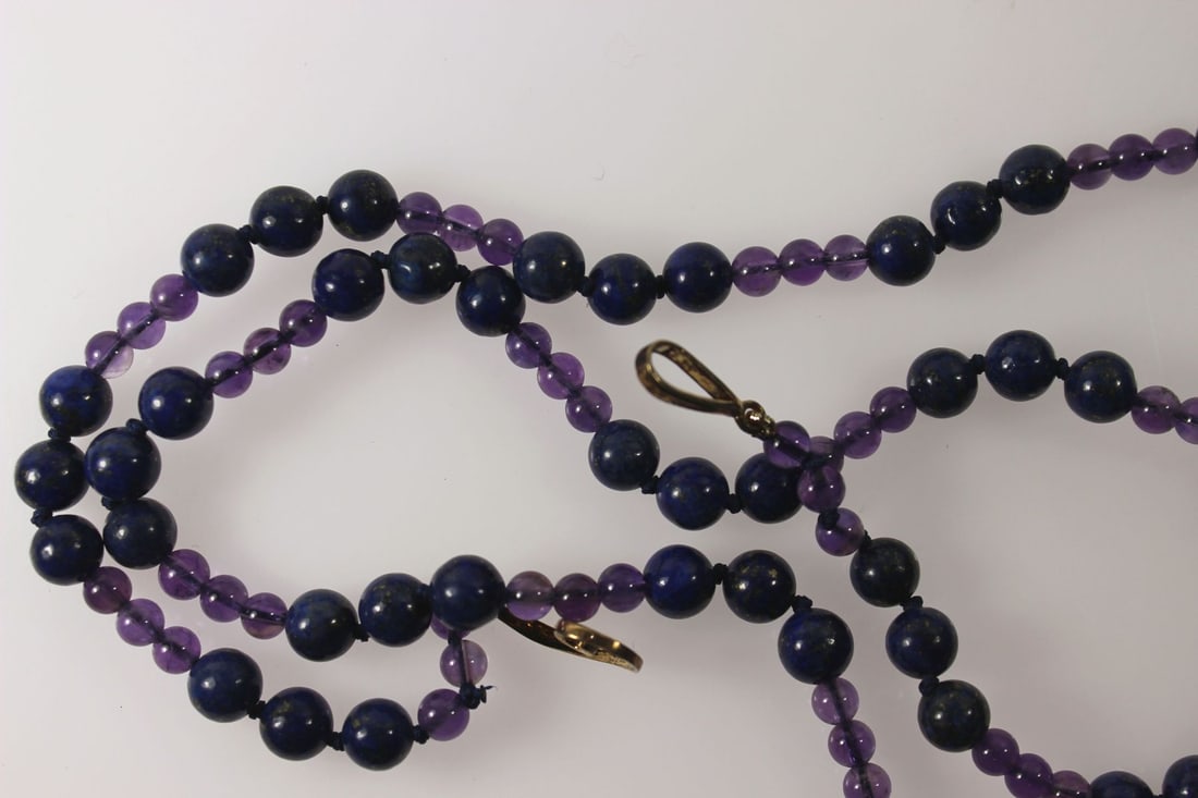 Matinee Length Bead Necklace of Amethyst & Lapis Lazuli - 3