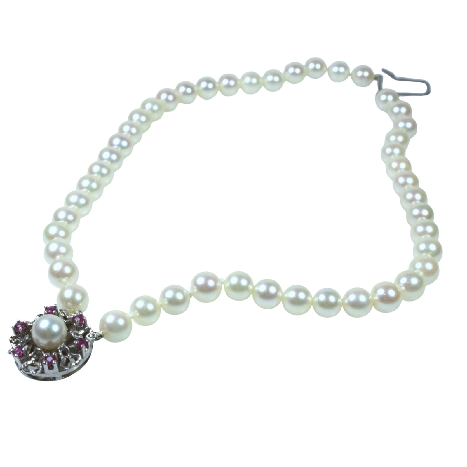 Cultured Pearl Bracelet with Sterling Silver Clasp adorned with small Rubies: 1960's Fashion Size Open length 19cms Medium Bracelets