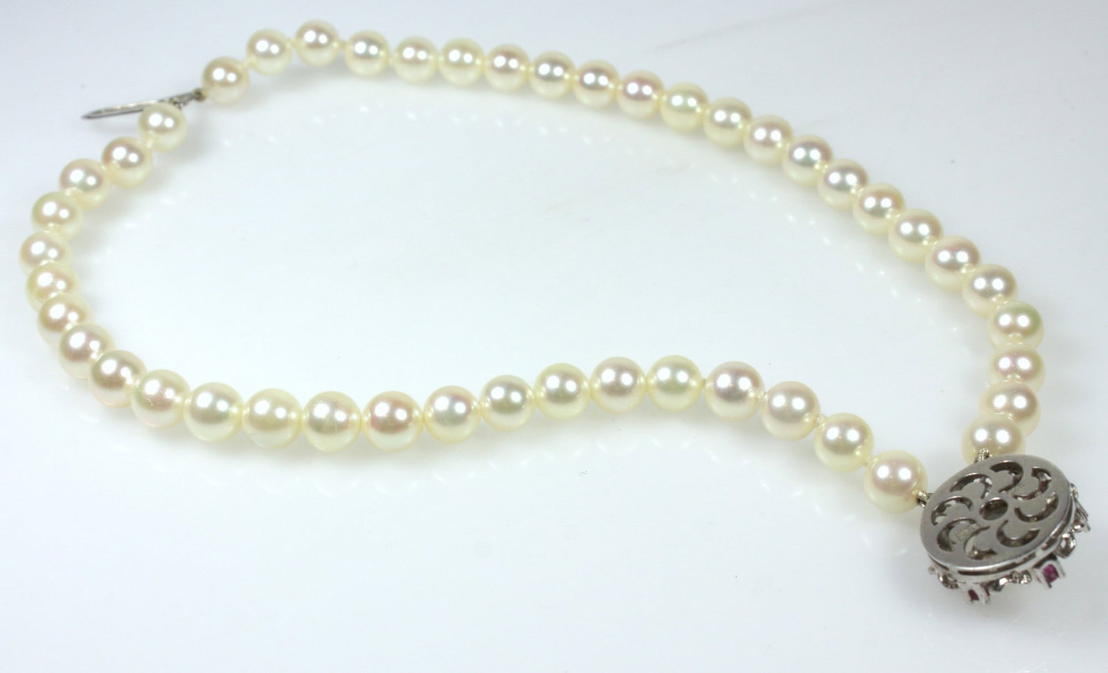 Cultured Pearl Bracelet with Sterling Silver Clasp adorned with small Rubies - 2