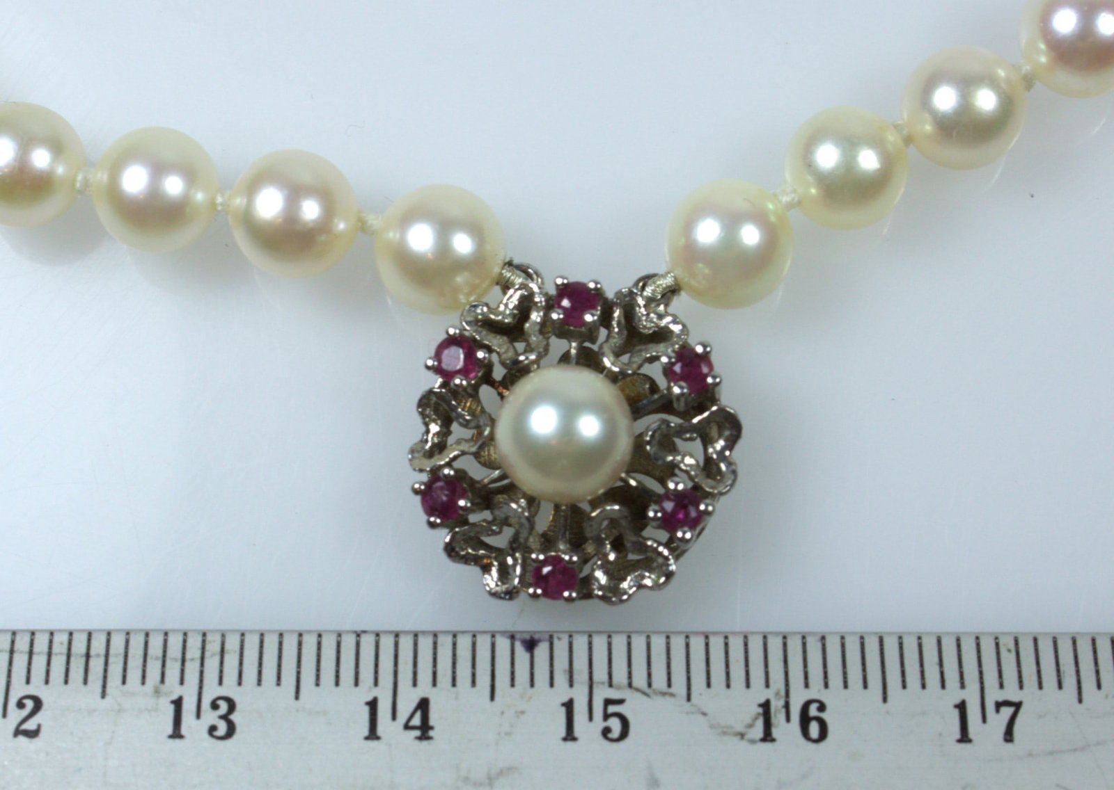 Cultured Pearl Bracelet with Sterling Silver Clasp adorned with small Rubies - 3