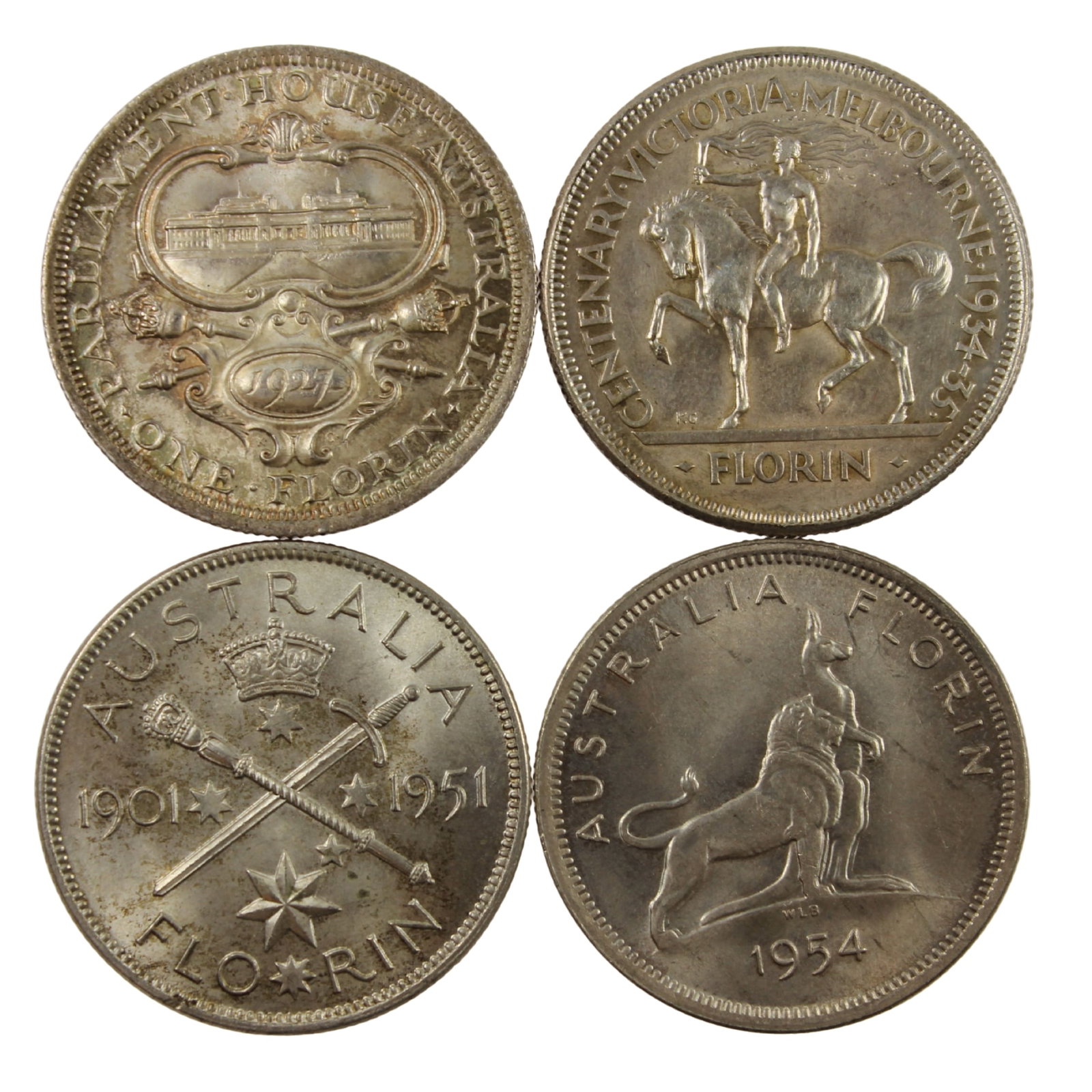 Australia 1927, 1934/5, 1951 & 1954 Commemorative Florin Set, near Gem (4 coins) (1 of 4)