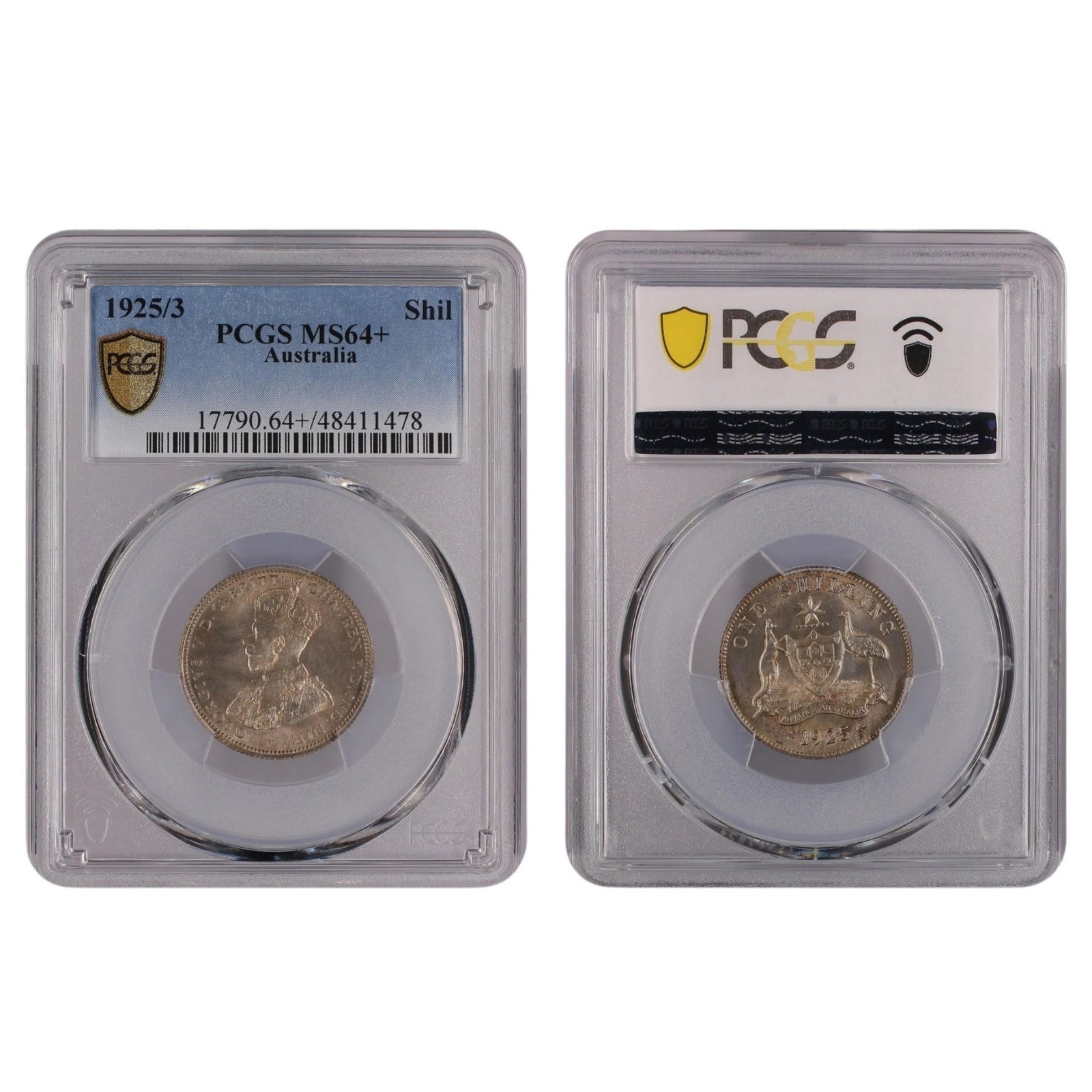 Australia 1925/3 Shilling, PCGS MS64+: Population 4 / Higher graded coins 20 Medium Coins, Monies & Stamps Exhibited Coins, Australia & New Zealand