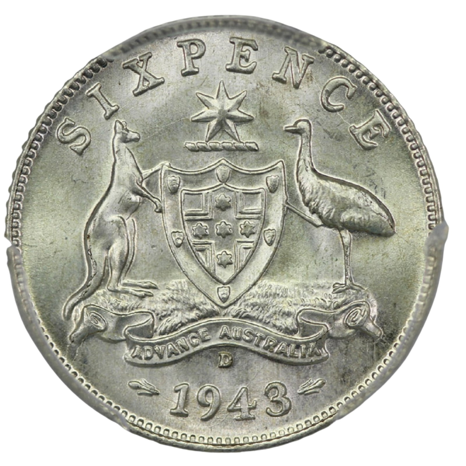 Australia 1943 D Sixpence, PCGS MS65+ (Pop 3): Denver Mint. Contact Novelty Hoard Medium Coins, Monies & Stamps Exhibited Coins, Australia & New Zealand