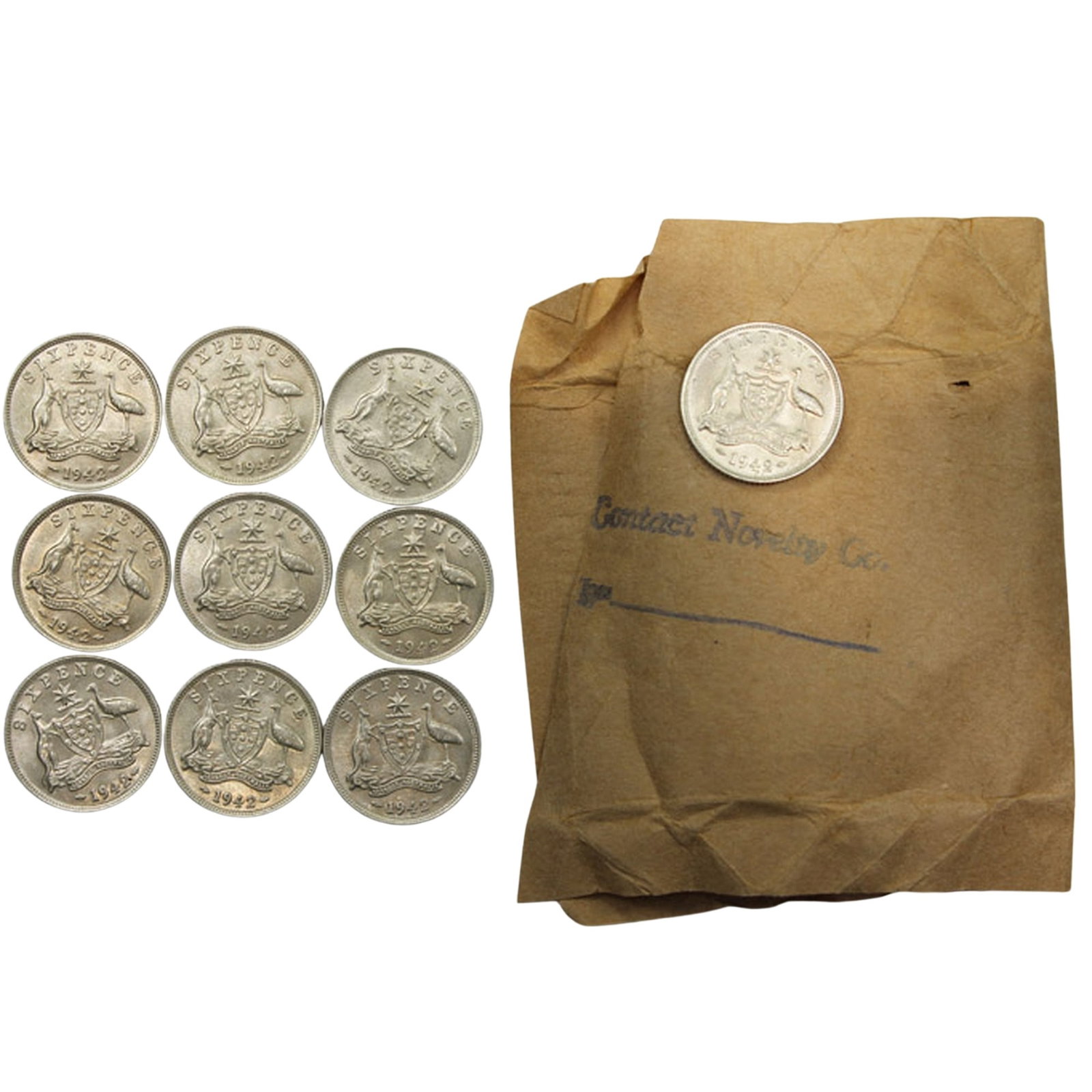 Australia 1942 M Sixpence, Uncirculated to Choice Uncirculated (10 coins): 'Contact Novelty Co.' Hoard (wrapper included) Medium Coins, Monies & Stamps Literature In 2015 a cache of approximately 20,000 War-era sixpences were discovered during a swimming pool excavation in
