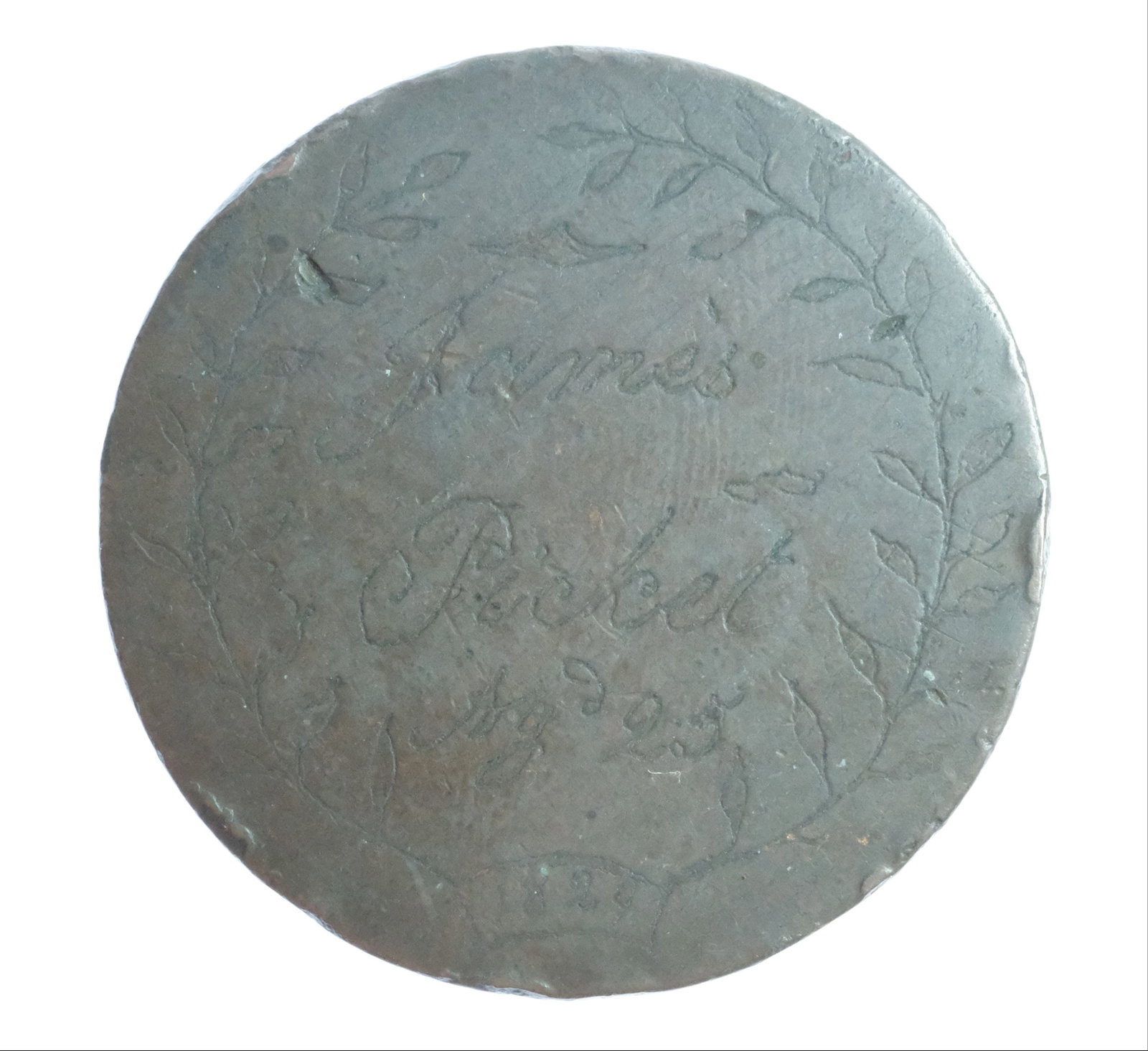 Australia c.1829 Convict Love Token - James Pickett (Age 25) engraved on 1797 1d: Obv : James / Pickett / Ag'd 25 / 1829 encircled by wreath. Rev : Forget / me Not / Love encircled by wreath Size Diameter 36mm Medium Coins, Monies & Stamps Literature James Pickett was 25 years of
