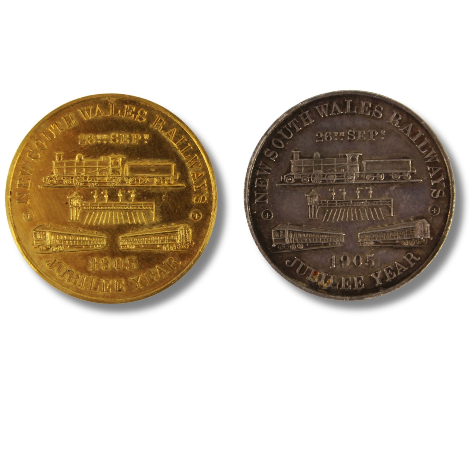 Australia 1905 NSW Railways Jubilee Medals in Silver (925) & Gold (15ct), Uncirculated (2 items): Carlisle 1905/6 Size Diameters 30mm. AGW 0.2814 Troy oz Medium Coins, Monies & Stamps Exhibited Medals & Medallions