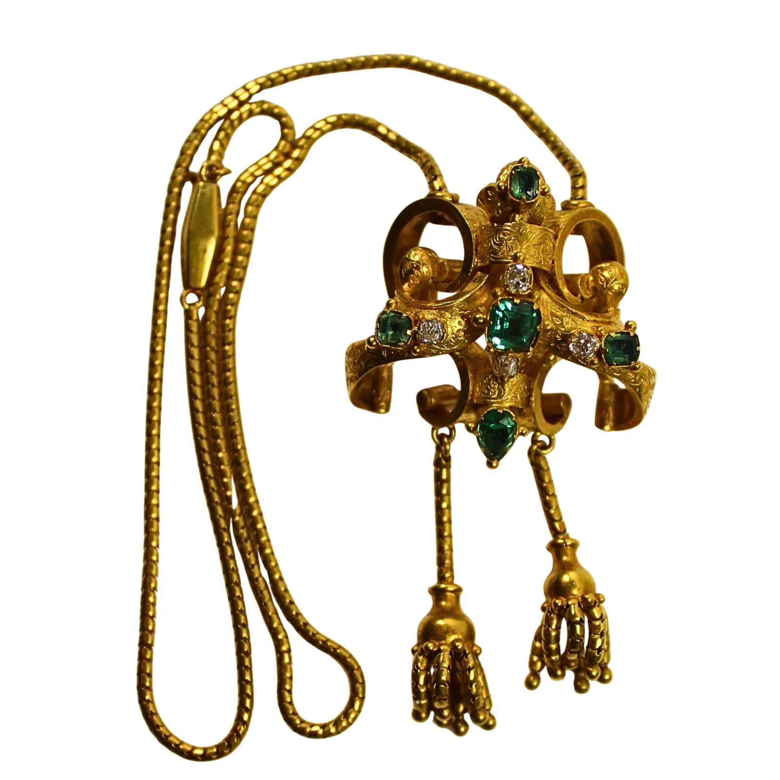Antique Tsavorite Garnet Necklace in 22ct Yellow Gold: Obscured design alludes to the Inverted Cross of St. Peter, the symbol of humility and martyrdom. Size Total weight 14.6gms : Chain length 40cms Condition Chip to central stone Medium Necklaces &