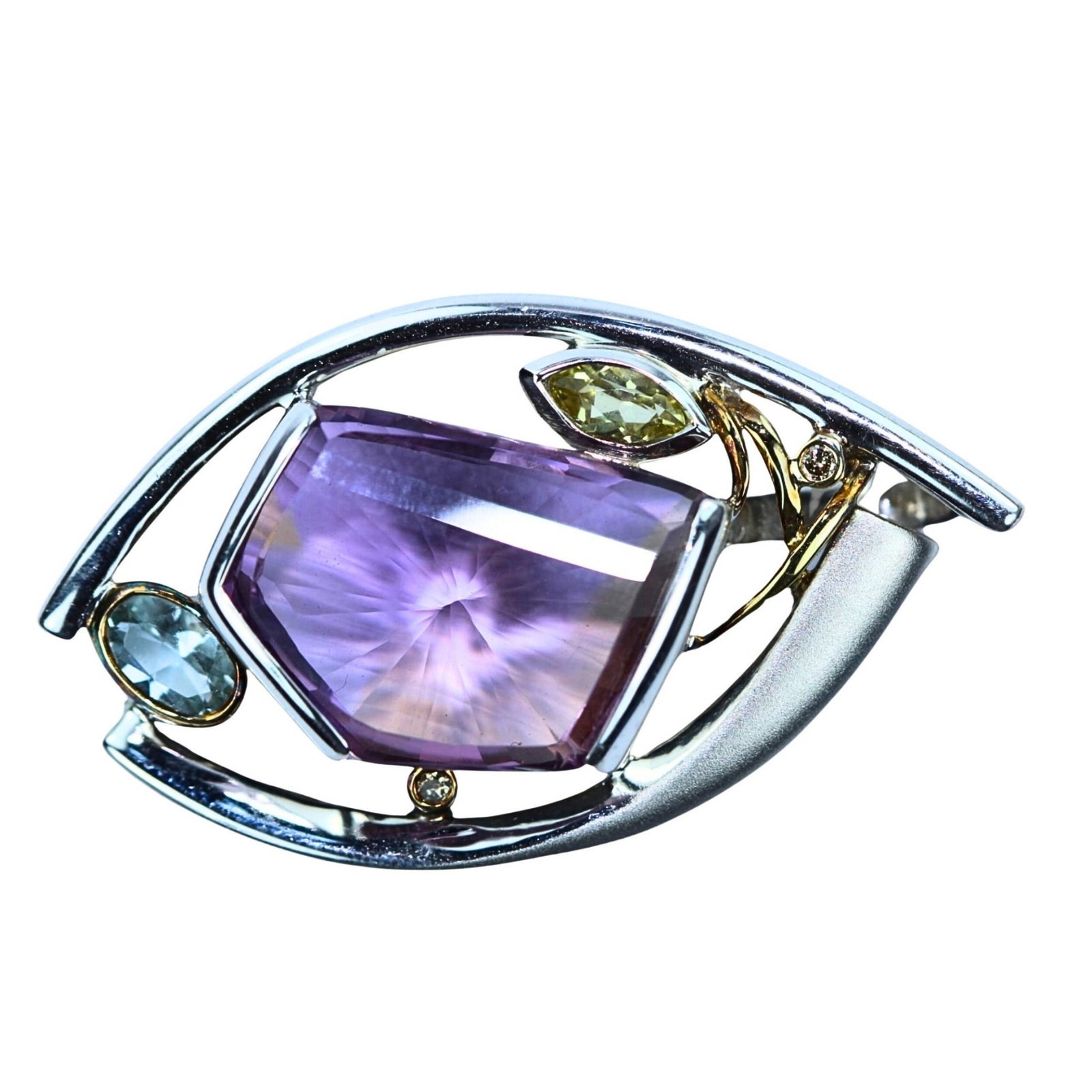 Polished Silver (925) Pendant with Central oblique-cut with Amethyst. Topaz, Citrine & Diamonds: Modern Bespoke design Size Hangs: 4.8 x 2.8cm Medium Necklaces & Pendants Exhibited General