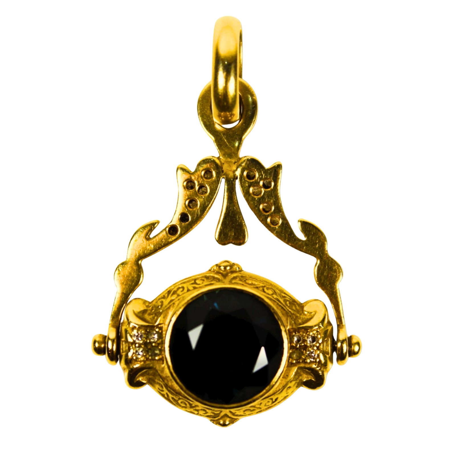 Classic Swivel Pendant in 18ct Yellow Gold with large central Sapphire augmented with small Diamonds: Featuring 5 Carat Australian Blue Sapphire at centre Size Total weight 14.40gms Medium Necklaces & Pendants