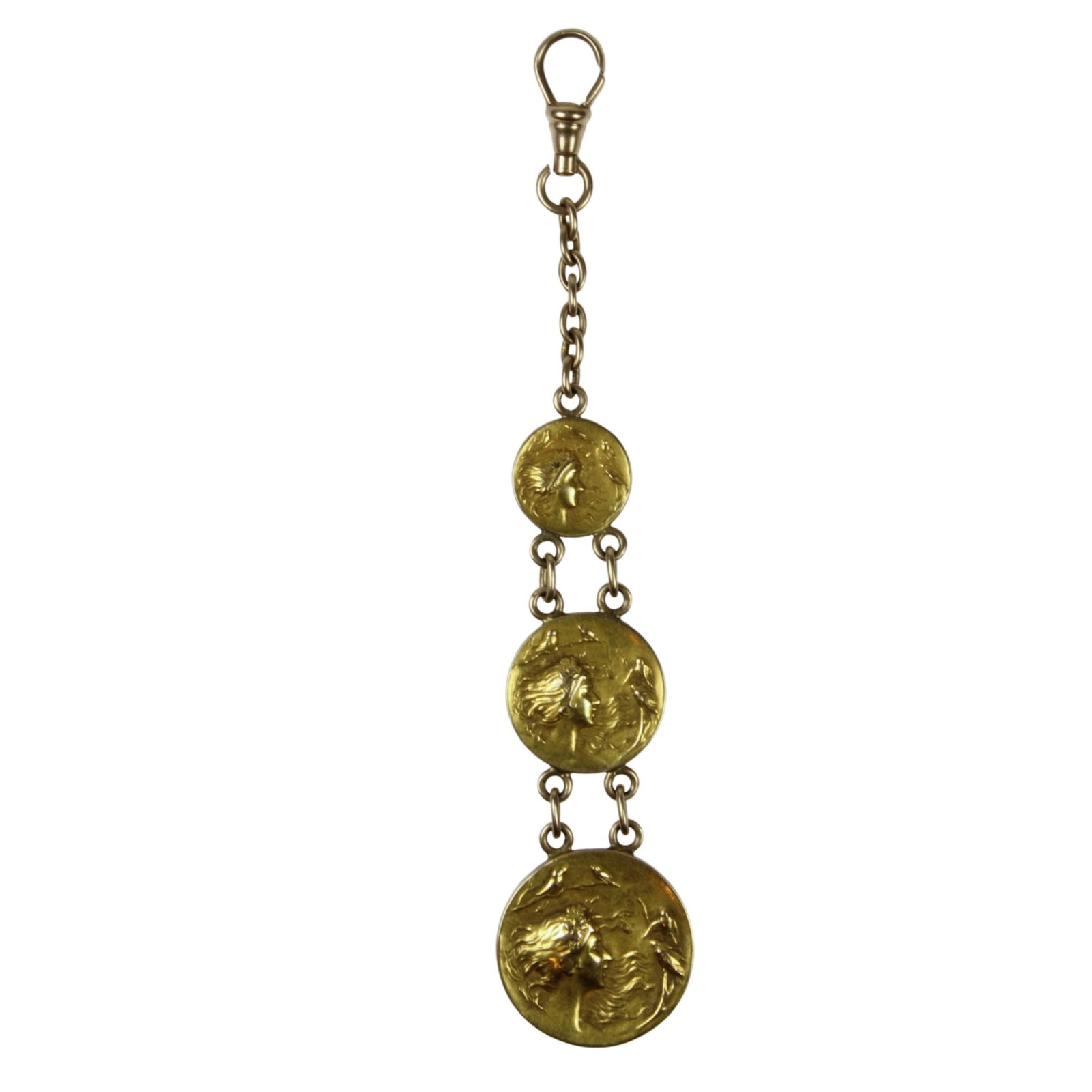 Antique Gold Fob in 10ct Yellow Gold with three graduated Classical Heads: Backs engraved "C Walker / 1903" Size Hangs 9.5cms : Weight 4.94gms Medium Necklaces & Pendants