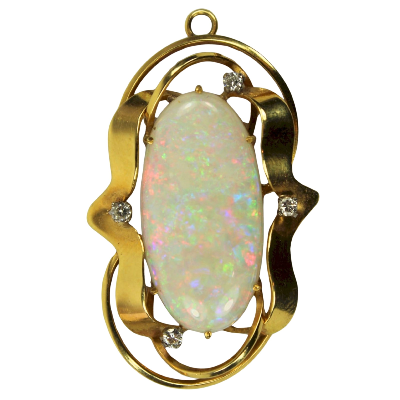 Stunning 1960's Solid White Opal Pendant in 18ct Yellow Gold adorned with Four Small Diamonds: Predominantly Green Blue & Red colours Size Dimensions 44x27mm : Total weight 9.02gms Medium Necklaces & Pendants