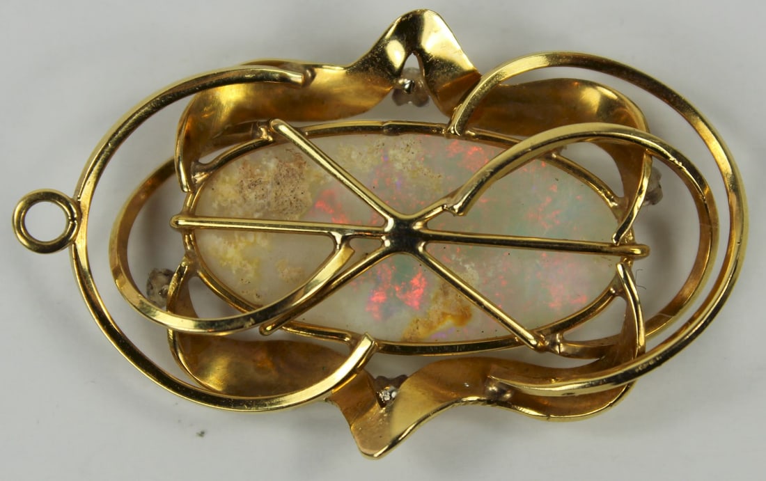 Stunning 1960's Solid White Opal Pendant in 18ct Yellow Gold adorned with Four Small Diamonds - 2
