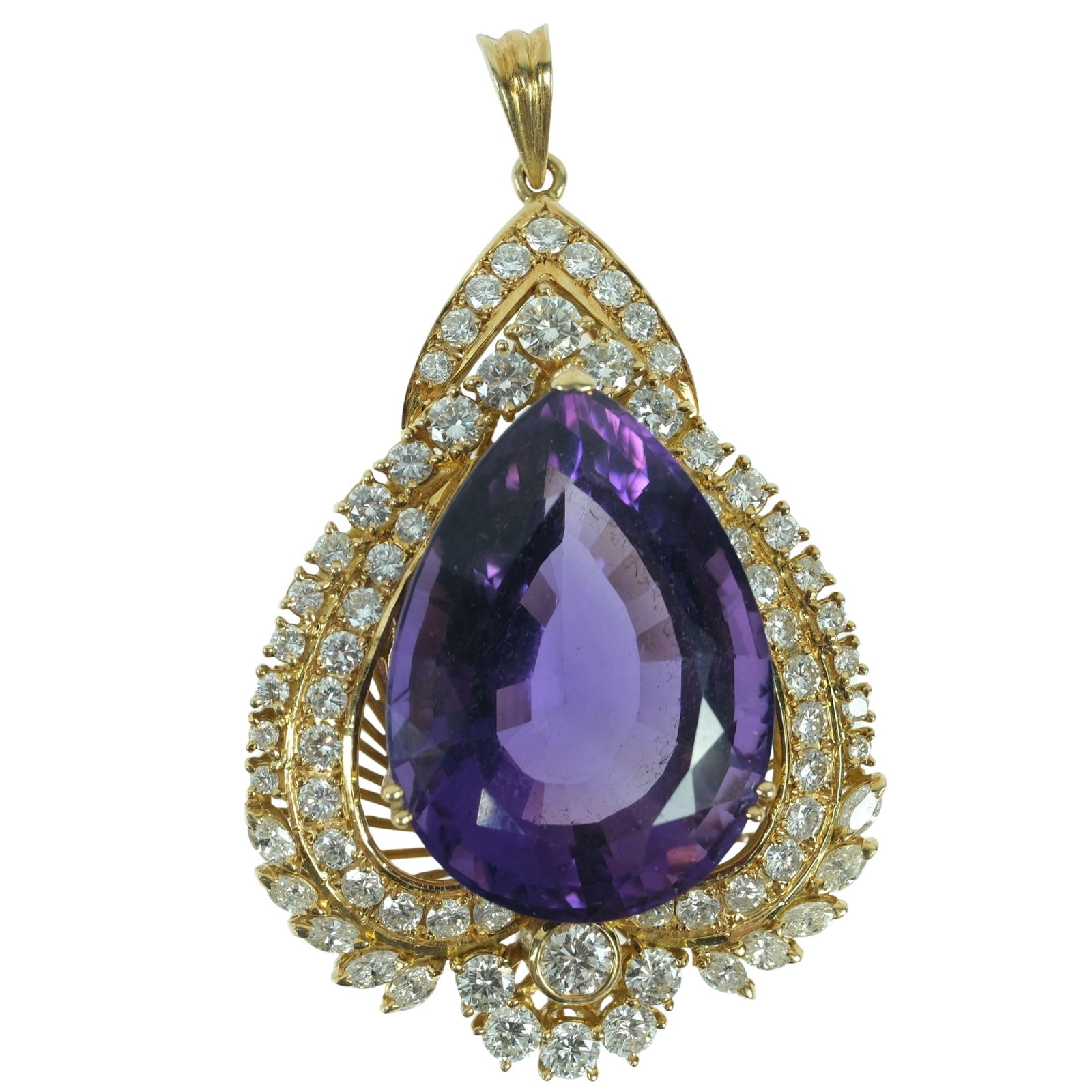 Bespoke Deep Purple Amethyst & Diamond Pendant in 18ct Yellow Gold: ~40 Carat Amethyst encircled by over 4 carats of quality Diamonds Size Total weight 33.34 gms Medium Necklaces & Pendants