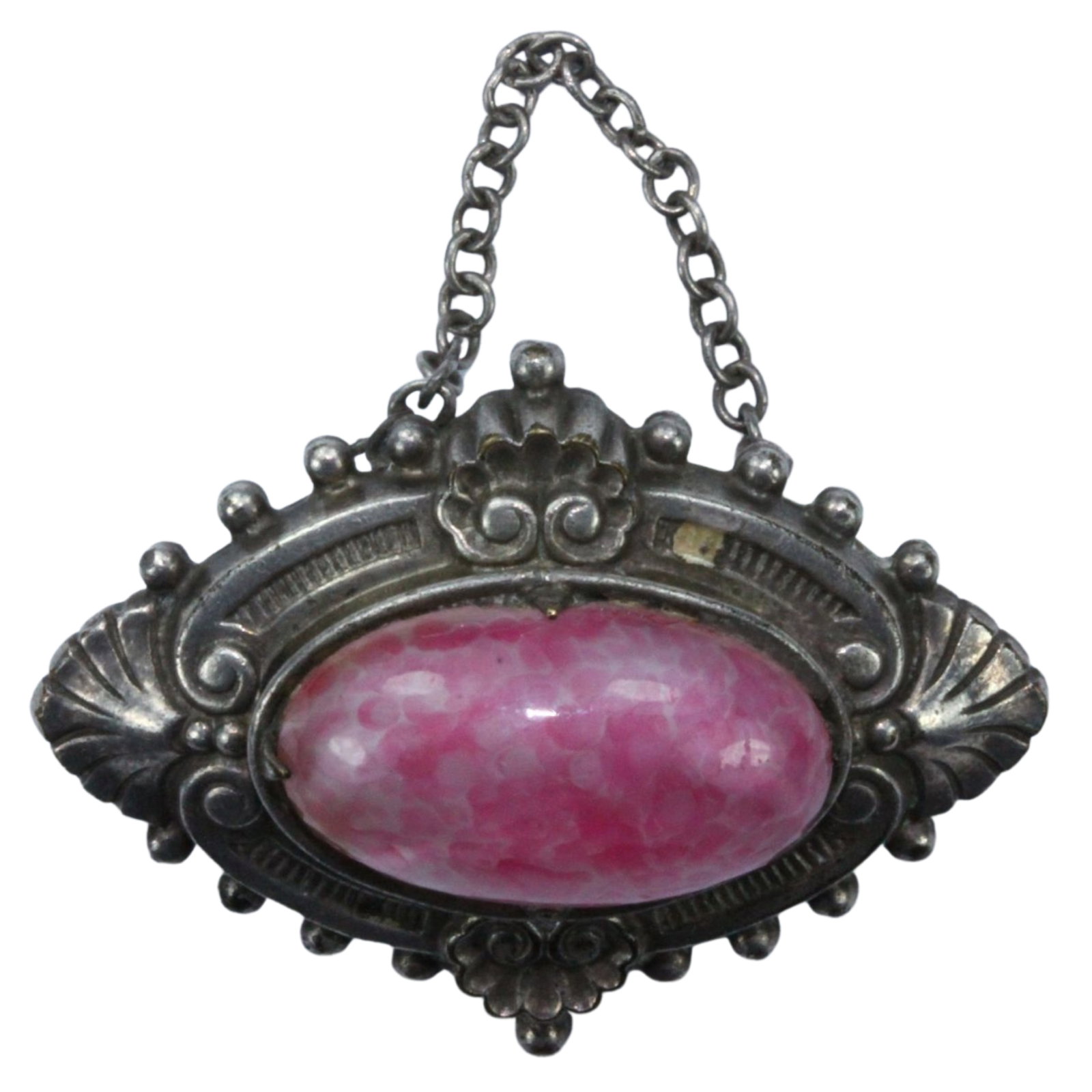 Vintage Italian Pink Glass Cabochon Collar Brooch with Sterling Silver Safety Chain: . Size 4.9cm x 4.5cm x 2cm Condition Some damage to barrel clasp Medium Costume