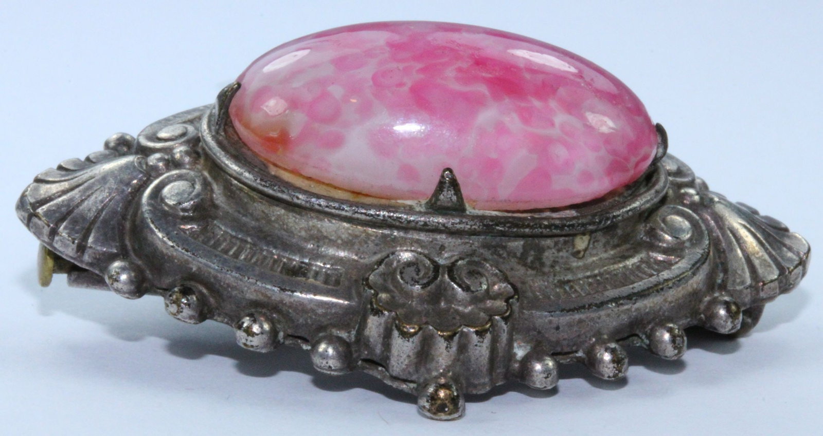 Vintage Italian Pink Glass Cabochon Collar Brooch with Sterling Silver Safety Chain - 2