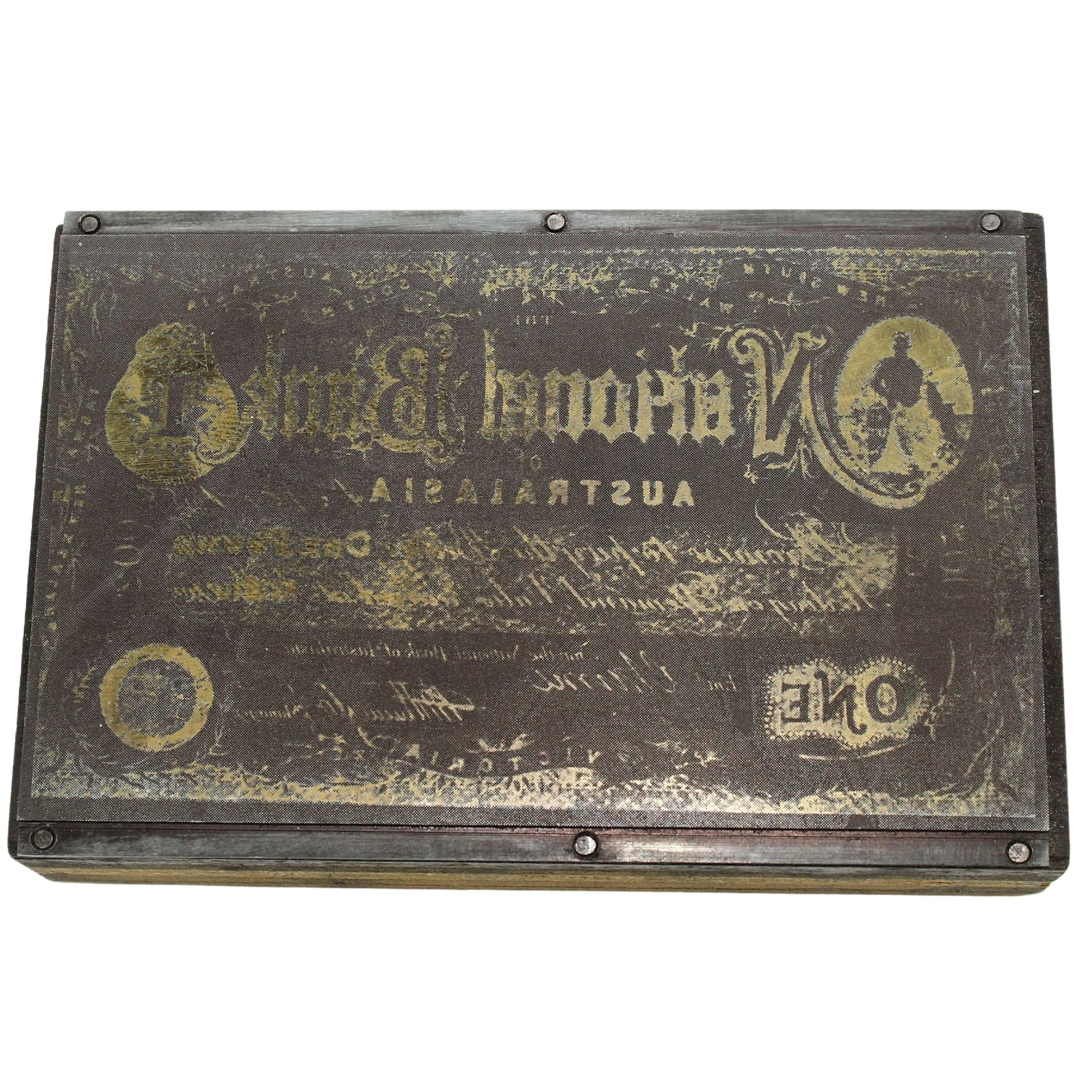 National Bank of Australasia 1858 - 1860 £1 (NSW / Vic / SA) Miniature Printing Plate c.1973-4: Unique. In the early 1970s the iconic Australian company 'White Wings' commissioned miniature printing plates to produce a small size replicas of Australian Pre-Federation Banknotes, which were given