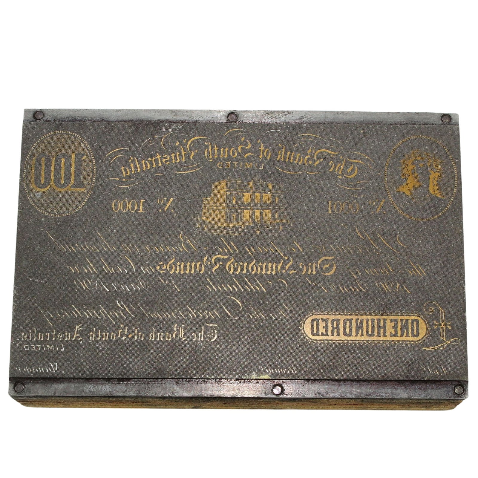 Bank of South Australia 1880 - 1890 £100 (Adelaide) Miniature Printing Plate c.1973-4: Unique. In the early 1970s the iconic Australian company 'White Wings' commissioned miniature printing plates to produce a small size replicas of Australian Pre-Federation Banknotes, which were given 