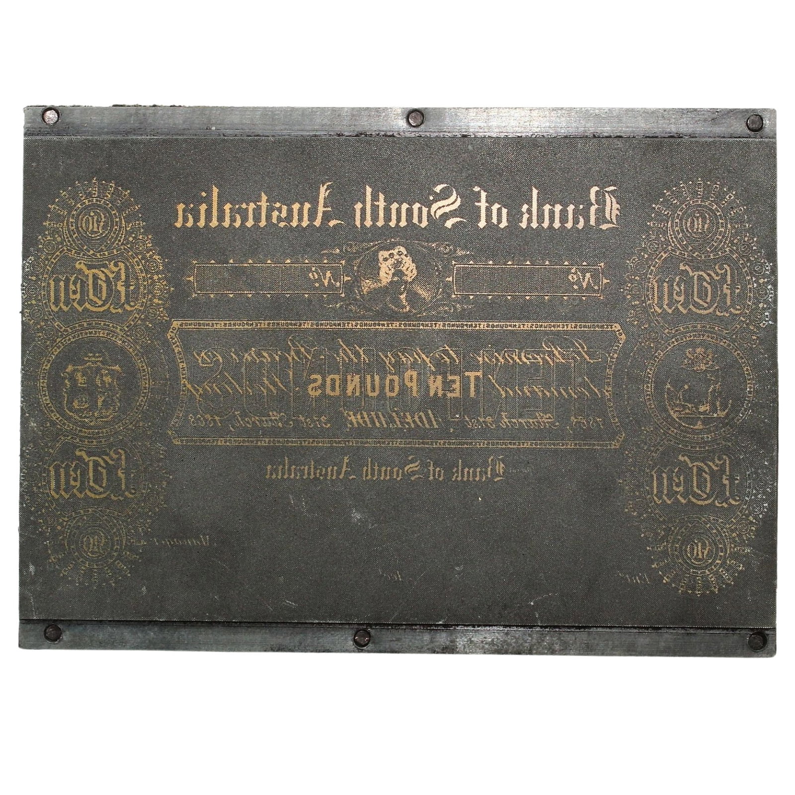 Bank of South Australia 1860 - 1880 £10 (Adelaide) Miniature Printing Plate c.1973-4: Unique. In the early 1970s the iconic Australian company 'White Wings' commissioned miniature printing plates to produce a small size replicas of Australian Pre-Federation Banknotes, which were given 
