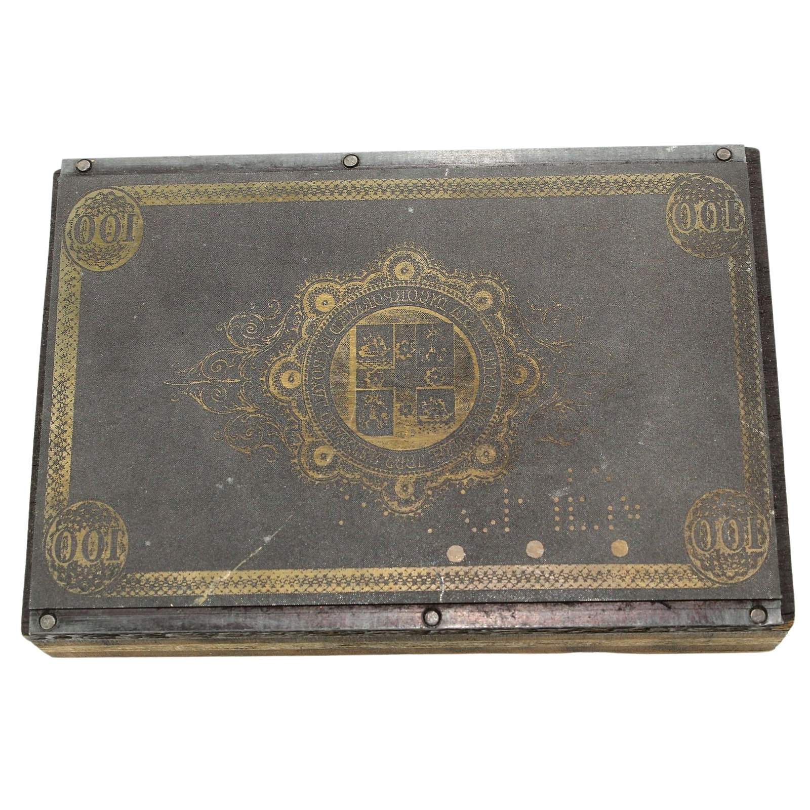 Bank of Australasia 1860 - 1910 £100 (SA) Miniature Printing Plate (Reverse) c.1973-4: Unique. In the early 1970s the iconic Australian company 'White Wings' commissioned miniature printing plates to produce a small size replicas of Australian Pre-Federation Banknotes, which were given 