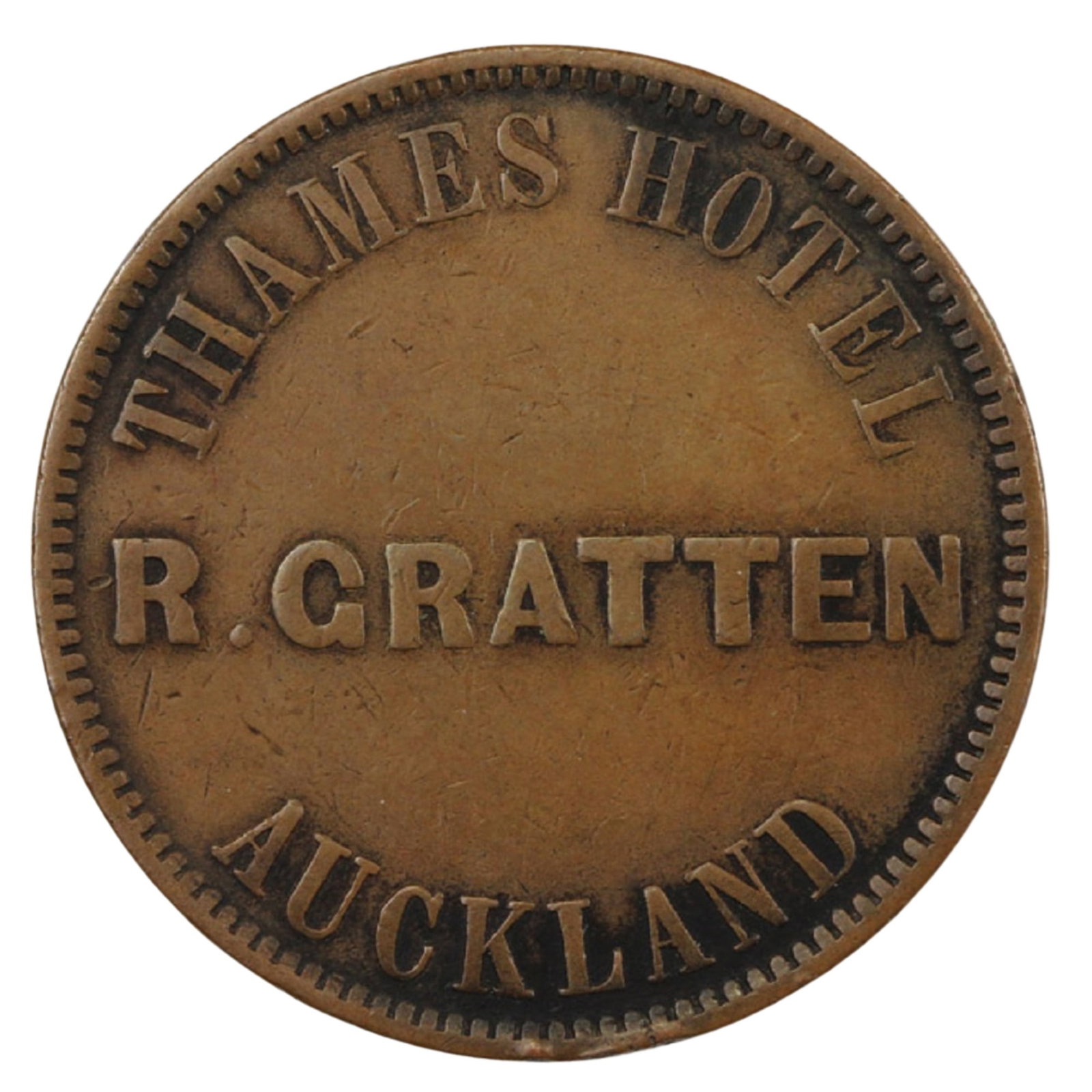 New Zealand 1872 'R Gratten' (Auckland) Penny Token, Very Fine (1 of 2)