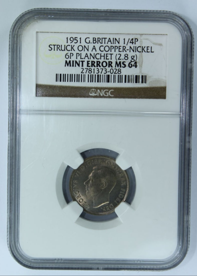 Great Britain 1951 'Mint Error' Farthing, NGC MS64: Perfectly struck on a Cupro-Nickel 6d Planchet Medium Coins, Monies & Stamps Provenance Ex Norweb Collection Exhibited Coins, World