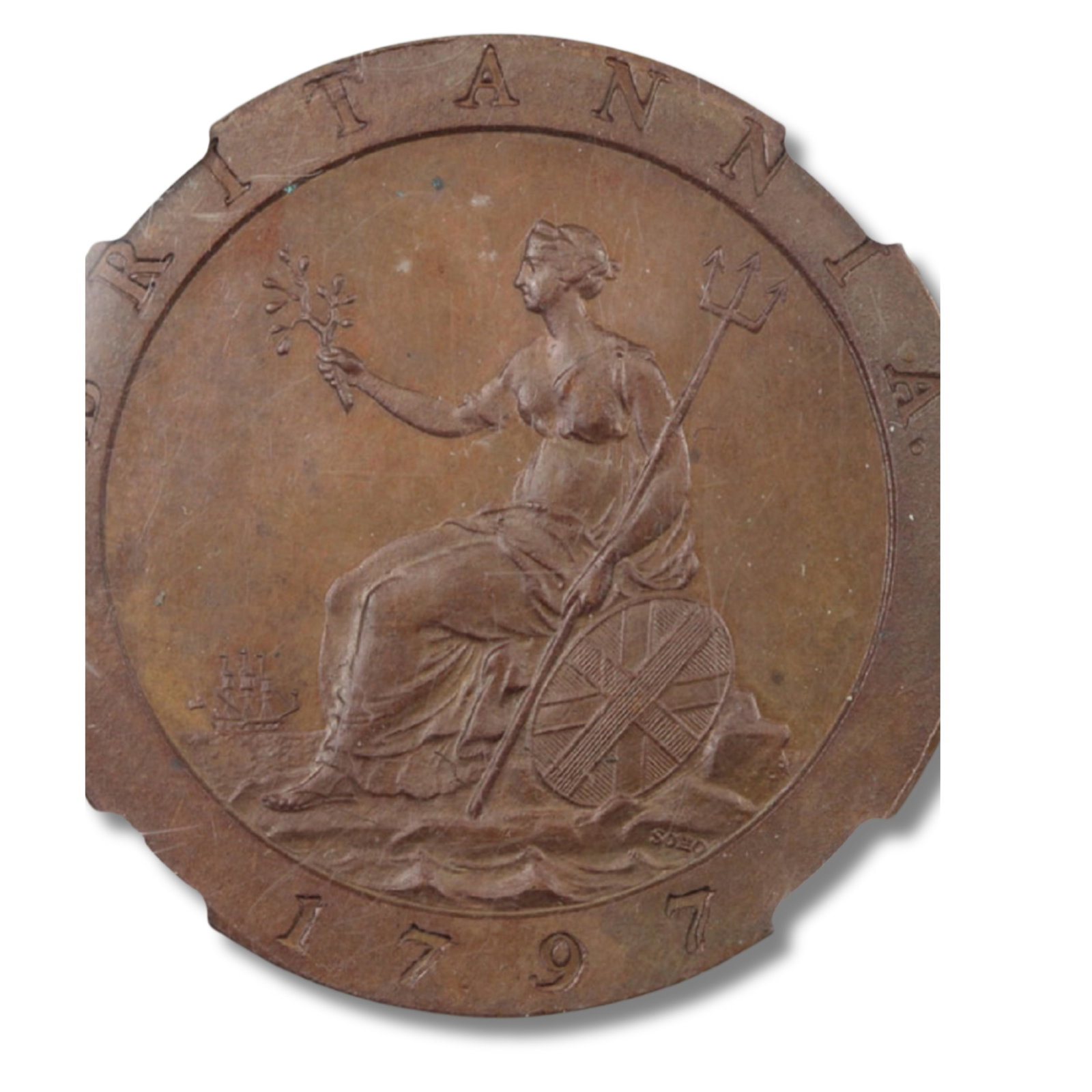 Great Britain / Australia 1797 '10 Leaves' Proof Penny, NGC PF 65 BN: Highest graded NGC PF66 BN RD & PCGS PR66 BN Medium Coins, Monies & Stamps Literature PCGS PR65 sold for USD $3,121 by Heritage Auctions in August 2020 Exhibited Coins, UK