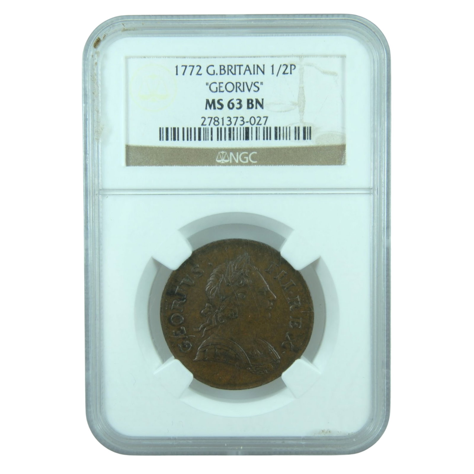 Great Britain 1772 'GEORIVS' Half Penny NGC MS63 BN (l1) (1 of 3)