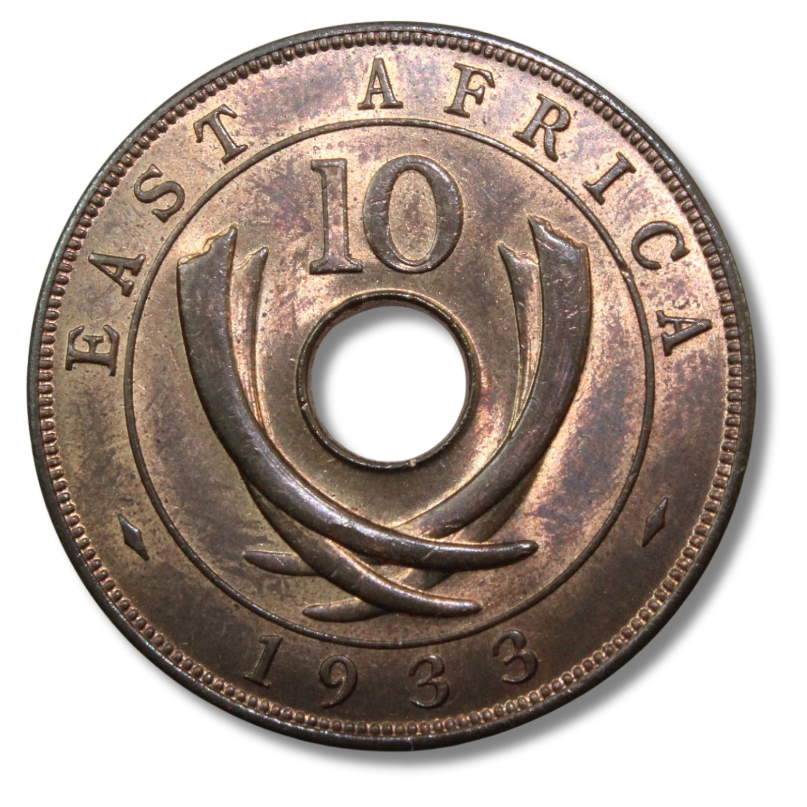 East Africa (British) 1933 (L) Ten Cent, Choice Uncirculated: Highest graded NGC MS66RD & PCGS MS65 RB Condition Lustrous but toning in fields Medium Coins, Monies & Stamps Provenance Ex R.J. Ford Collection & Mark Freehill Collection Literature NGC MS66RD sold