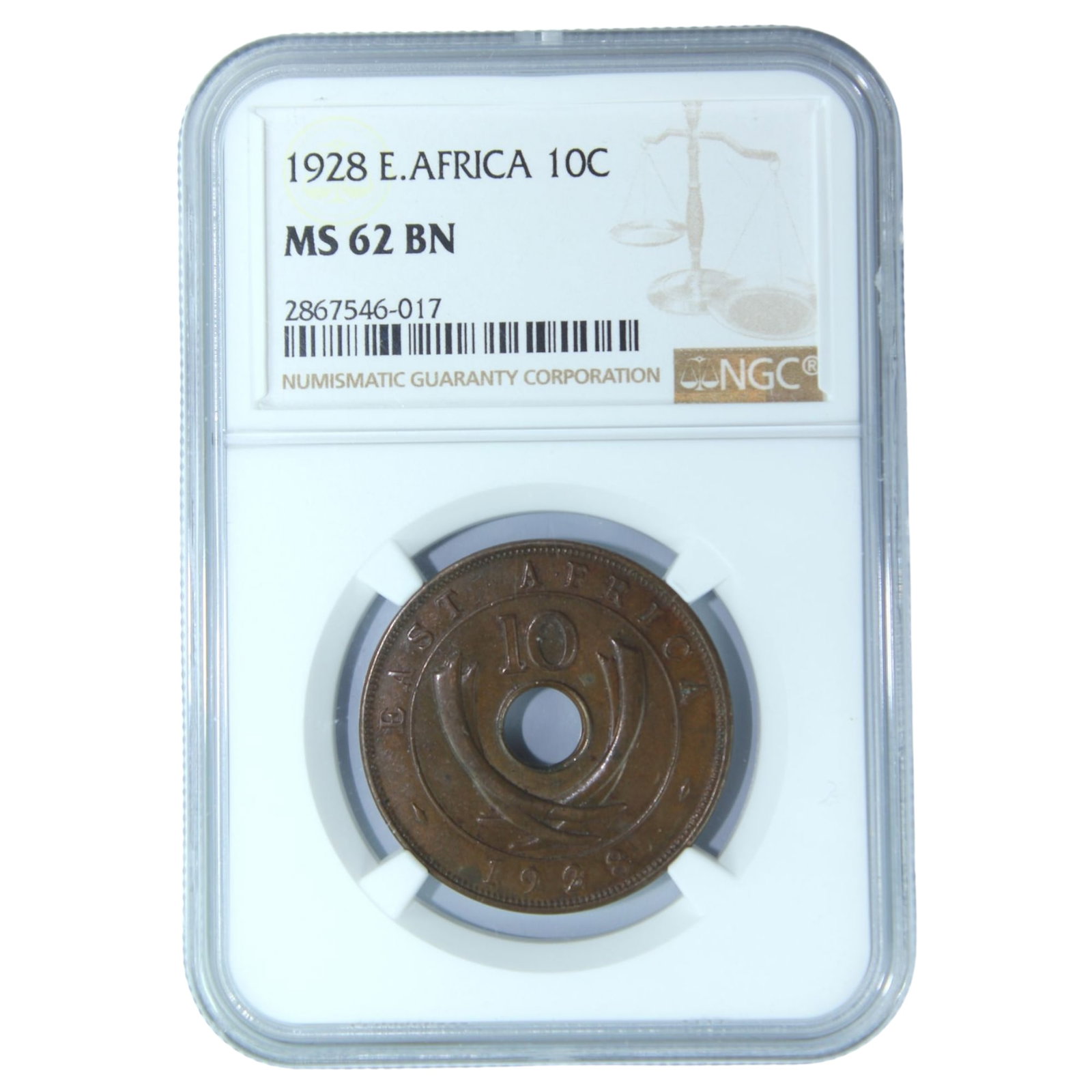 East Africa (British) 1928 (L) Ten Cent, NGC MS 62 BN (1) (Top of Pops): Next highest graded NGC AU55BN (1) 58 (1) & PCGS AU50 (1) Condition Uncirculated & finest graded Medium Coins, Monies & Stamps Provenance Ex R.J. Ford Collection & Mark Freehill Collection
