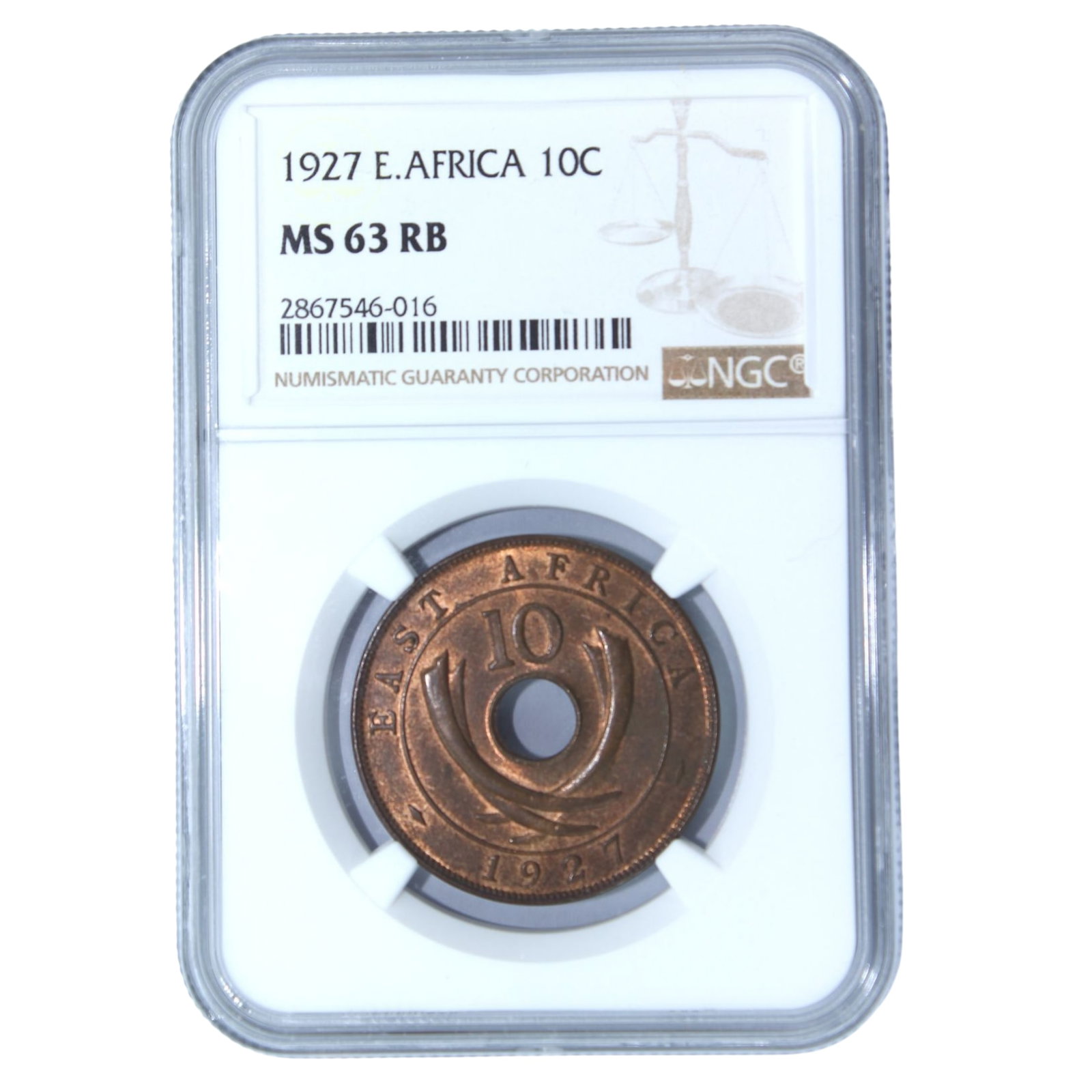 East Africa (British) 1927 (L) Ten Cent, NGC MS63 RB (1) (1 of 3)