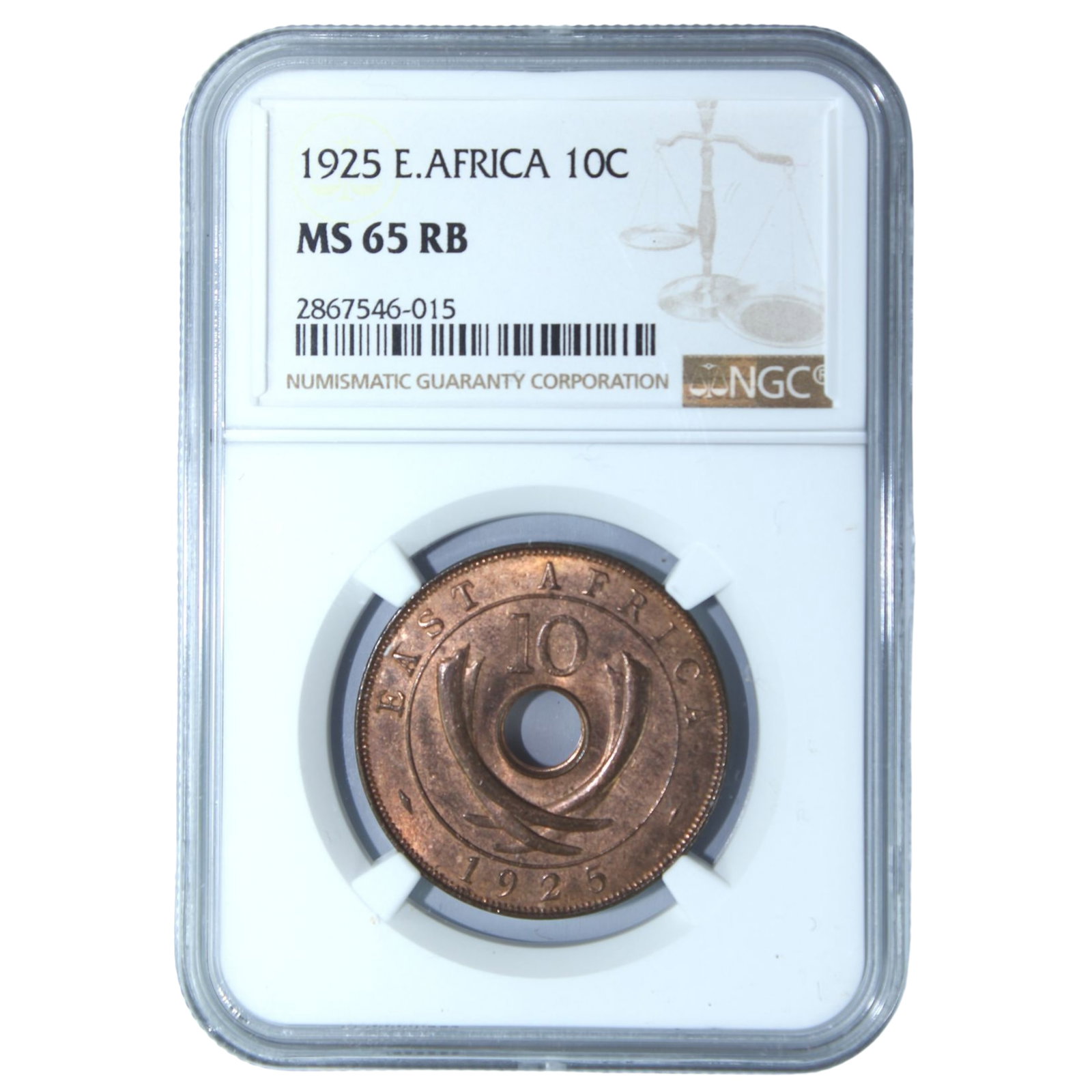 East Africa (British) 1925 (L) Ten Cent, NGC MS65 RB (1) (Top of Pops): Next highest graded NGC None & PCGS None Condition Gem & finest graded Medium Coins, Monies & Stamps Provenance Ex R.J. Ford Collection & Mark Freehill Collection