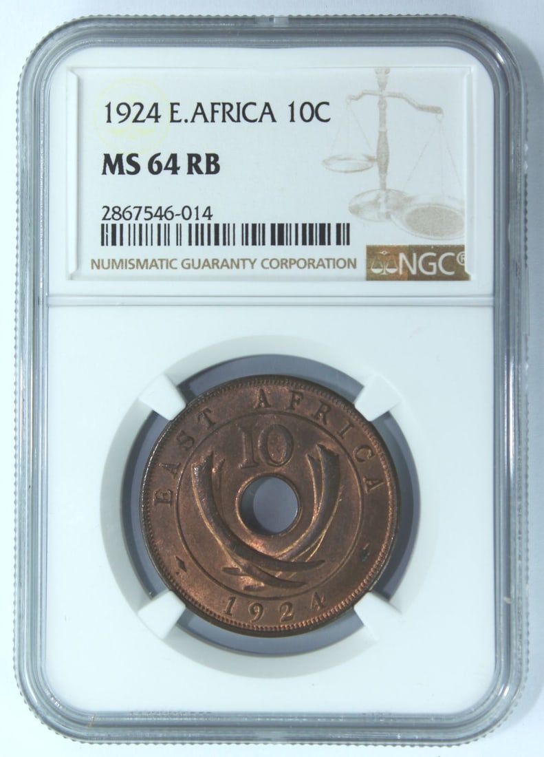 East Africa (British) 1924 (L) Ten Cent, NGC MS64 RB (1) (Top of Pops): Next highest graded NGC MS 63 BN (1) 64BN (1) & PCGS None Condition near Gem & finest graded Medium Coins, Monies & Stamps Provenance Ex R.J. Ford Collection & Mark Freehill Collection