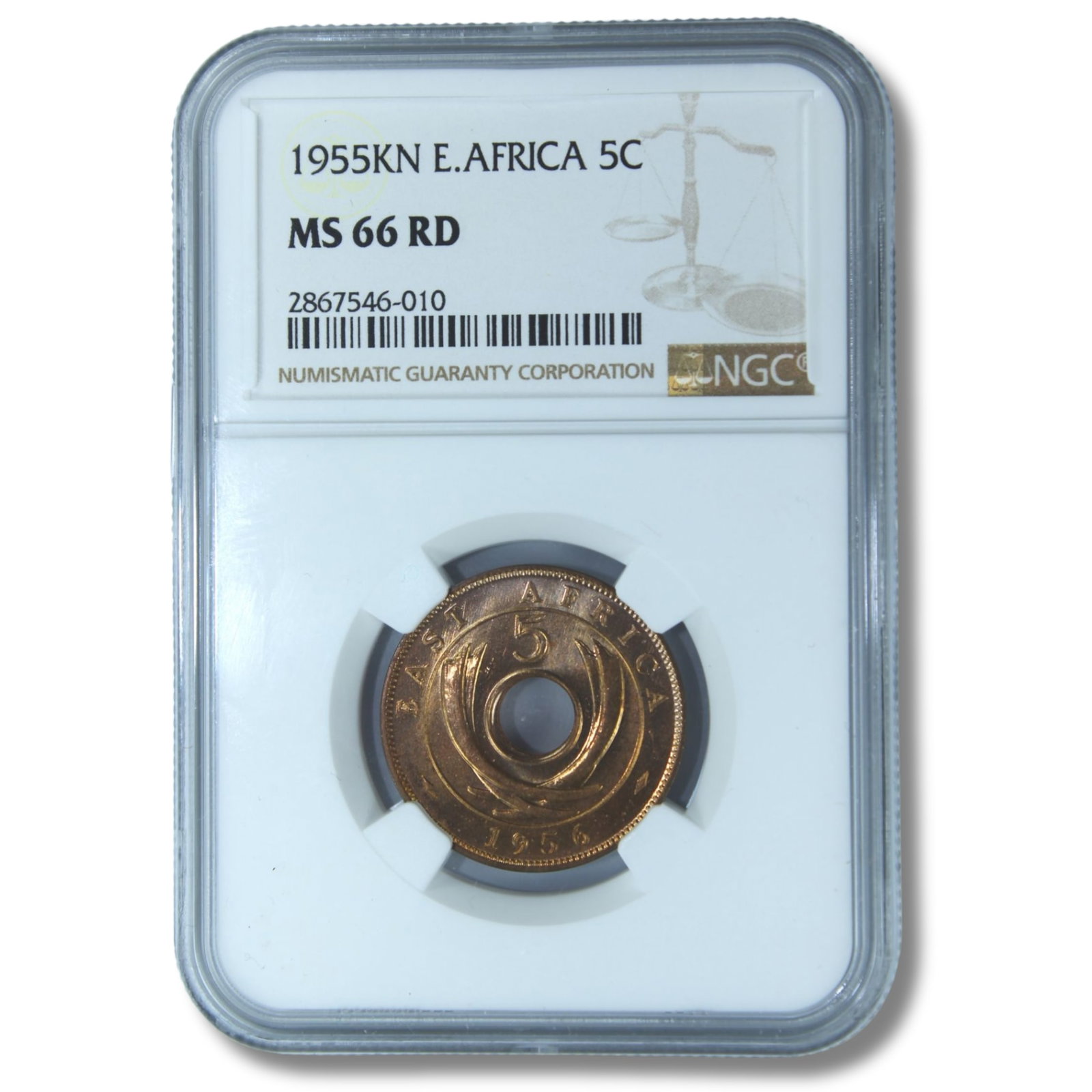 East Africa (British) 1956 KN Five Cent, NGC MS66 RD (wrongly labelled by NGC 1955 KN Five Cent): Highest graded NGC MS66 RD & PCGS None Condition Gem & finest graded Medium Coins, Monies & Stamps Provenance Ex R.J. Ford Collection & Mark Freehill Collection